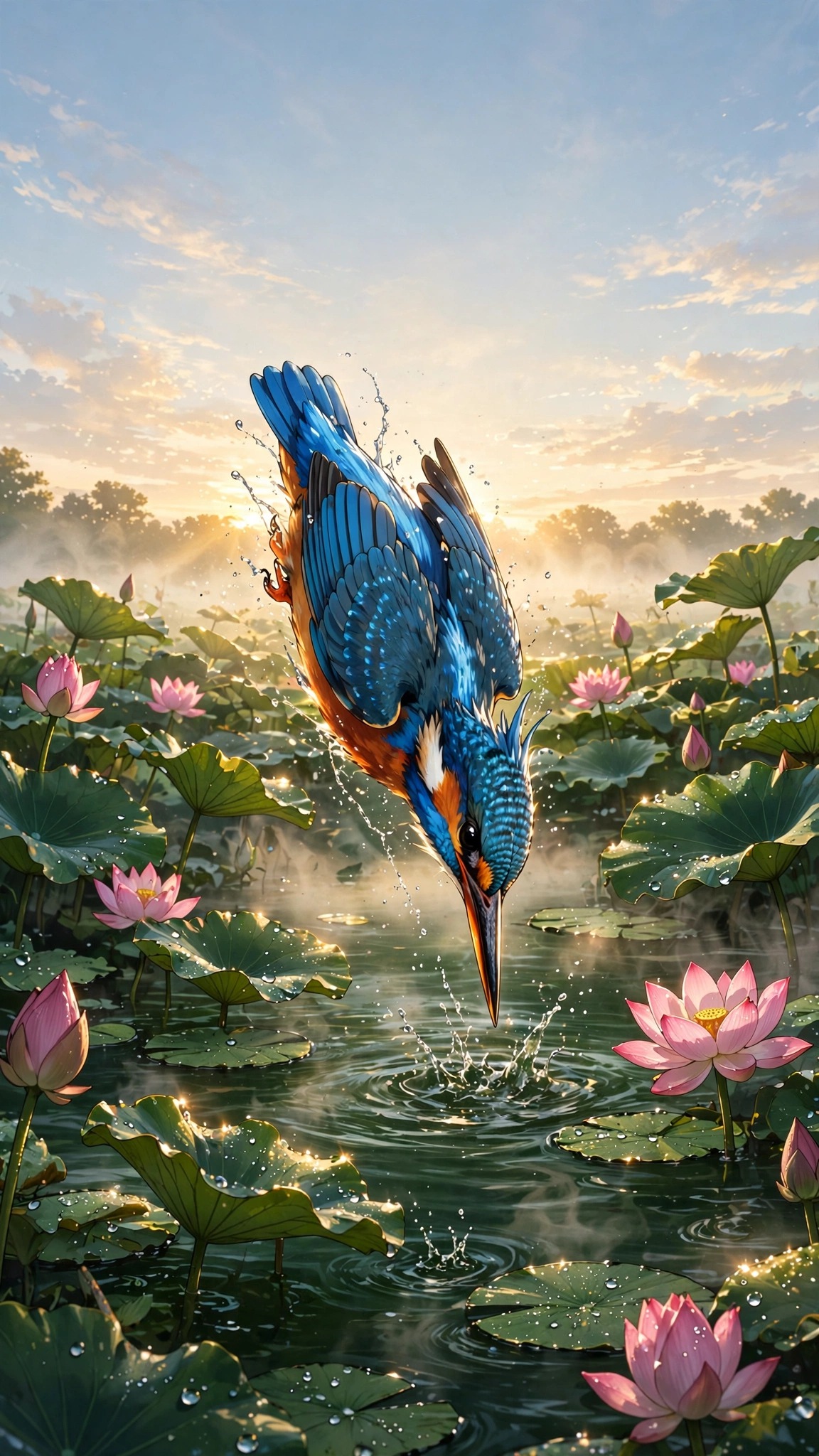 Kingfisher over a lotus pond at dawn anime wallpaper
