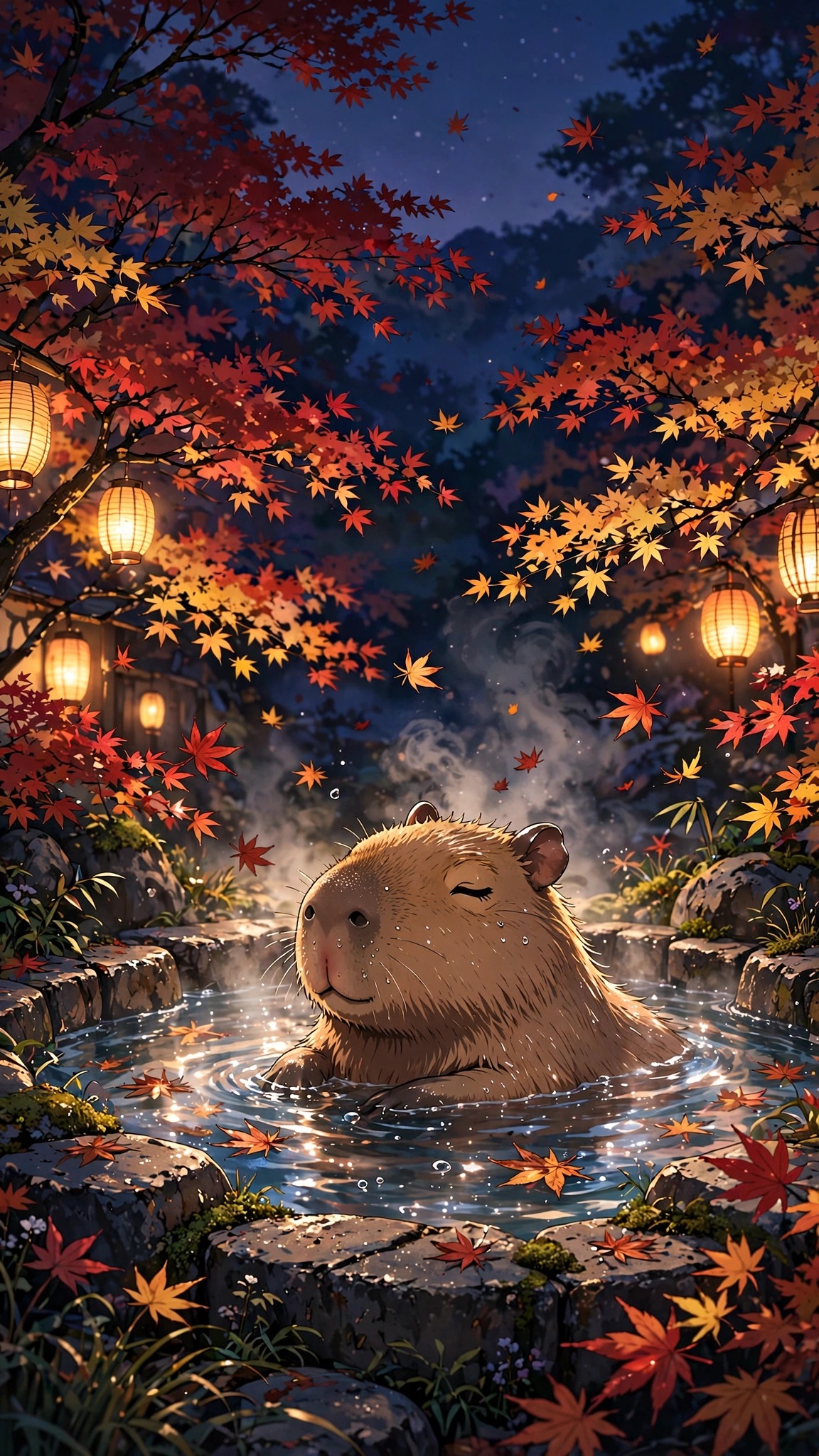Capybara Soaking in a Maple Onsen in Autumn anime wallpaper