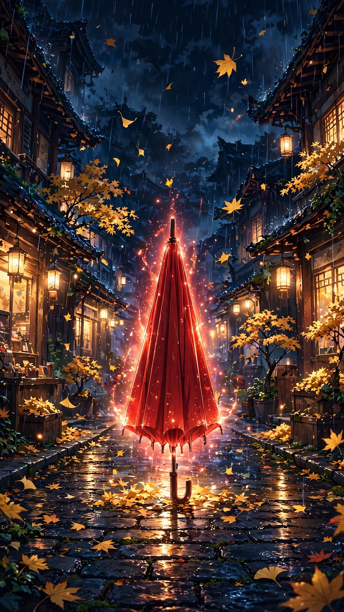 Glowing red umbrella on a rainy autumn alley with golden leaves and warm lanterns