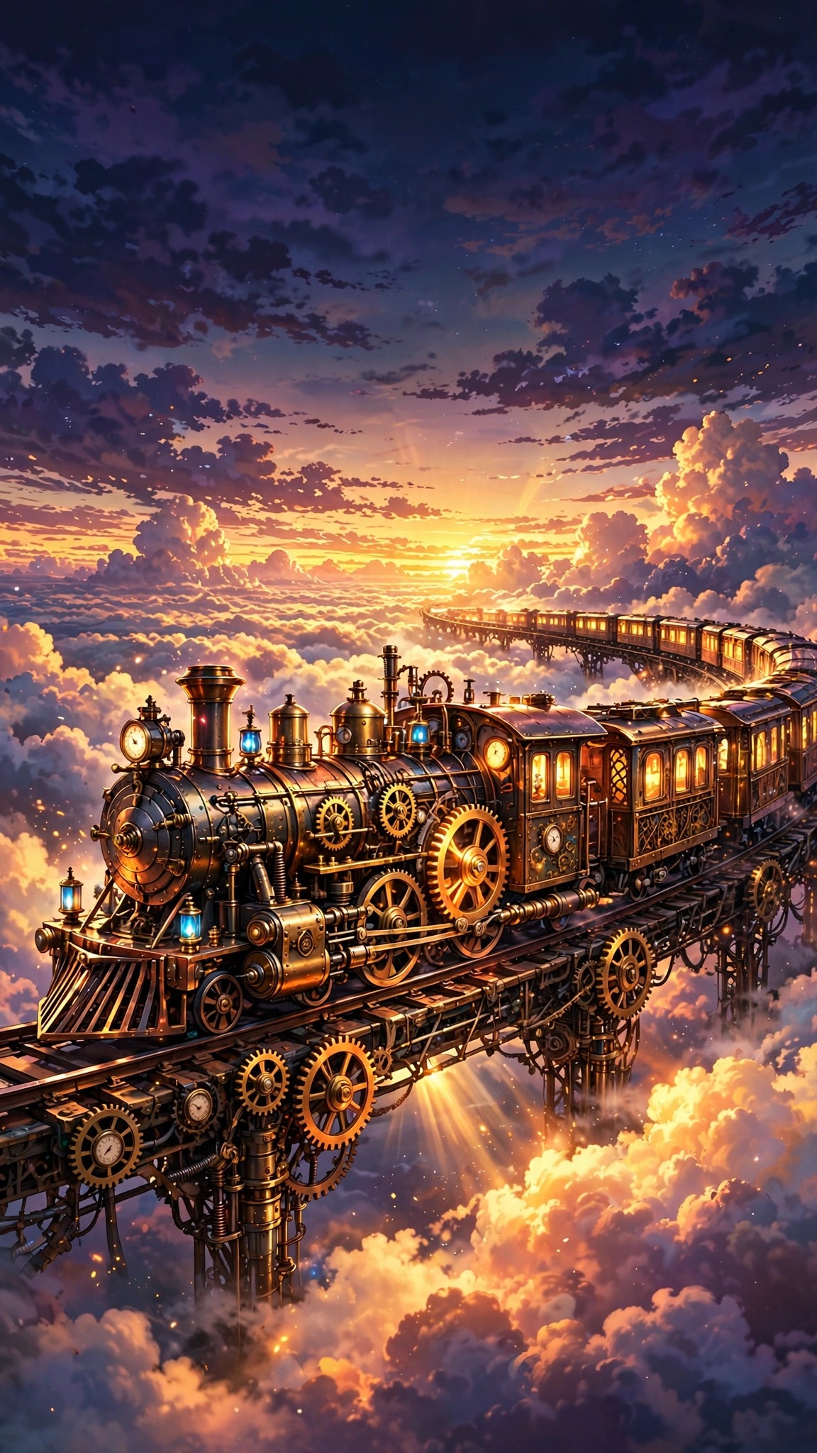 Steampunk clockwork train with brass gears riding above a sea of clouds at sunset