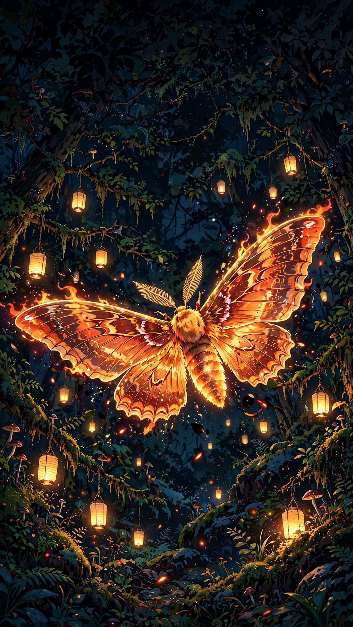 Glowing ember moth with fiery wings flying through a lantern-lit forest at night
