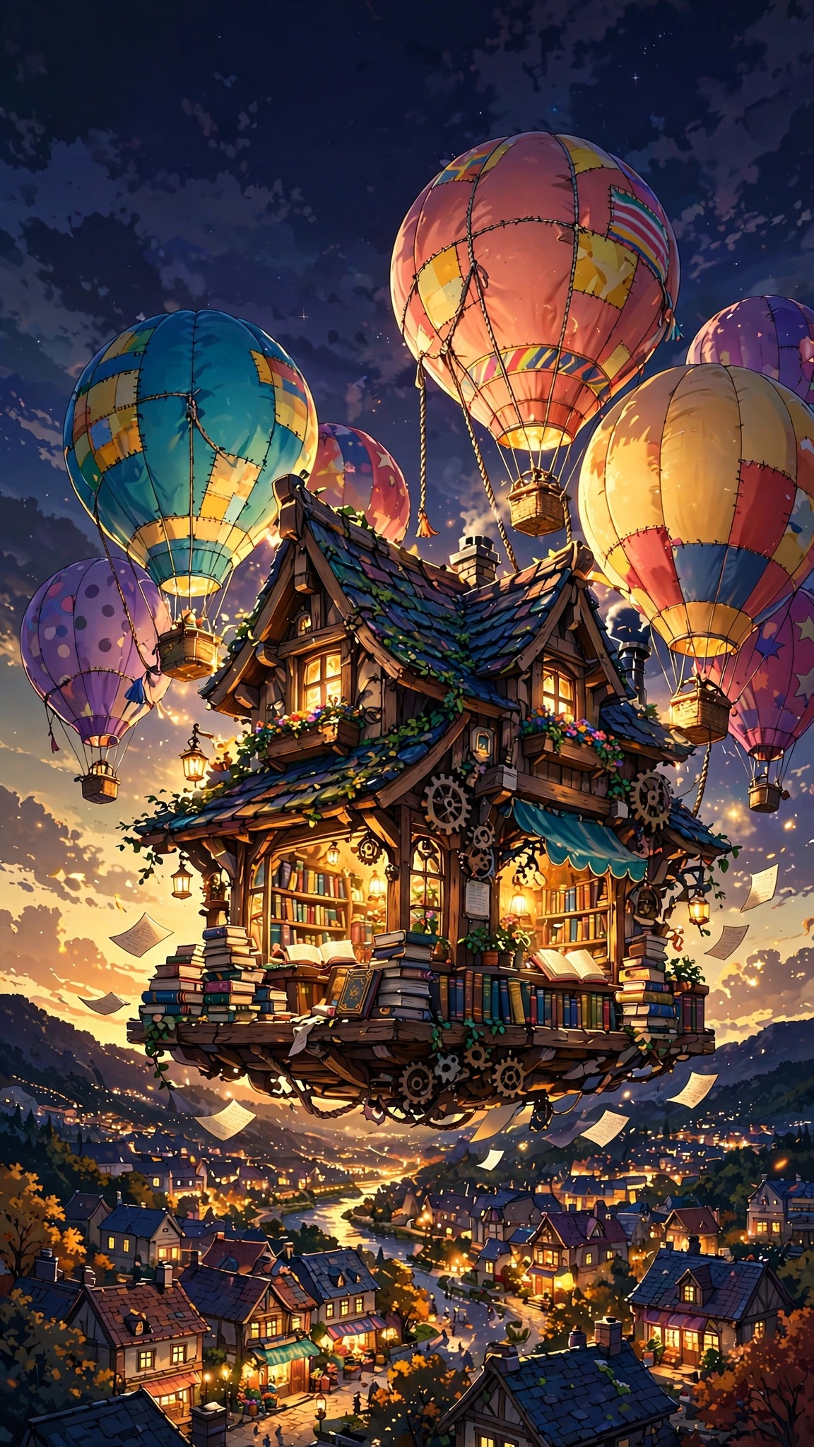 Cozy bookshop floating on colorful hot-air balloons above a glowing town at dusk