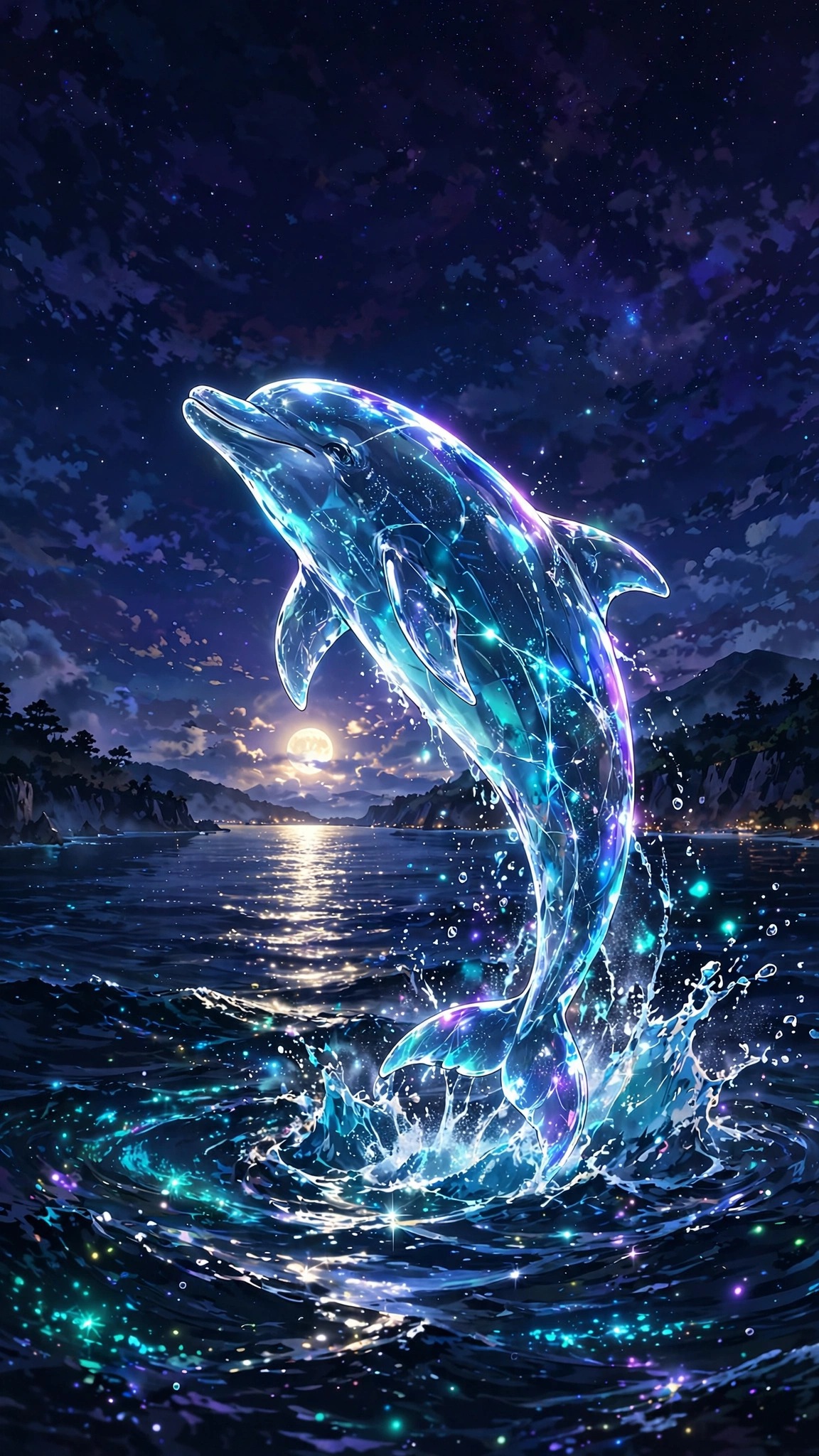 Translucent glass dolphin leaping from a moonlit bay under a starry night sky