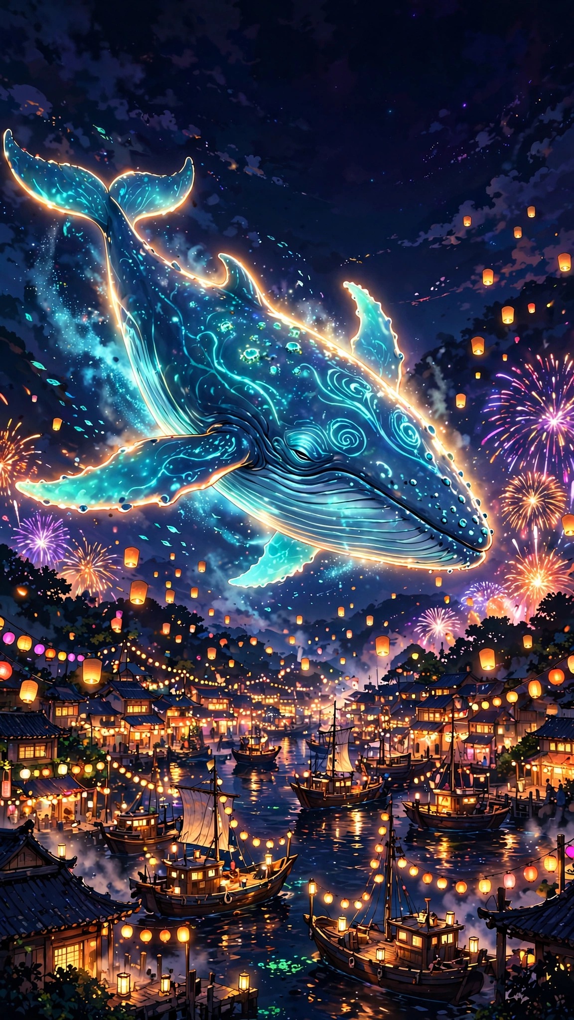 Glowing sky whale flying over a festive harbor with lanterns and fireworks at night