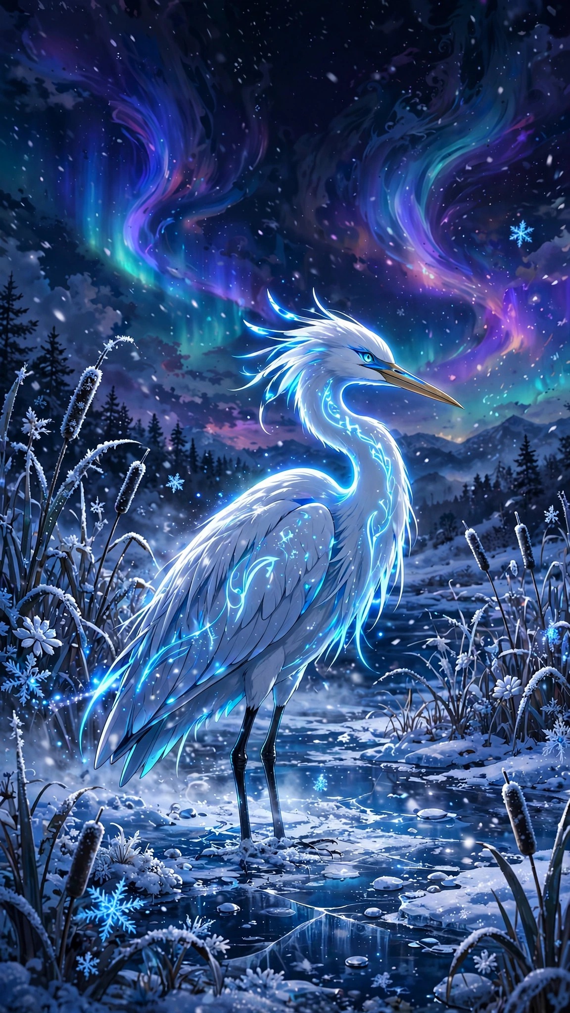 White heron with glowing blue patterns standing on a frozen pond under an aurora sky