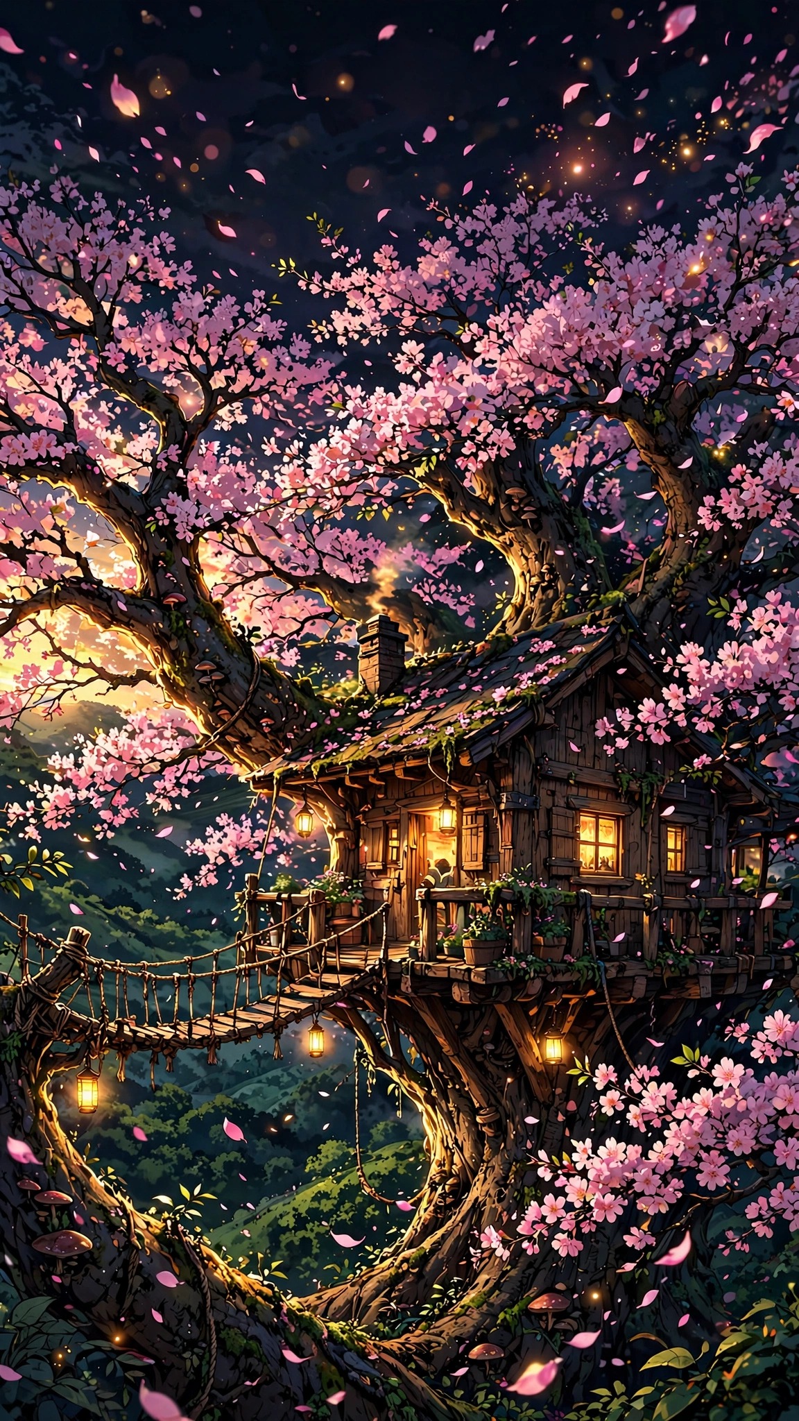 Cozy treehouse with glowing windows and rope bridge in a blooming cherry tree with swirling pink petals