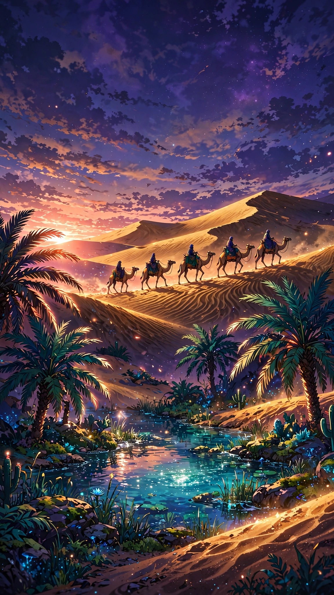 Camel caravan crossing golden dunes above a turquoise desert oasis pool at dusk with palm trees