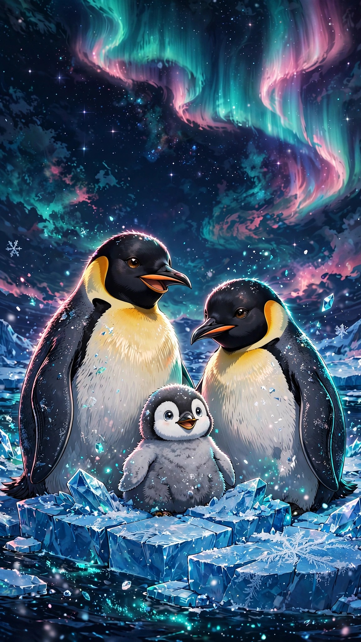 Emperor penguin family on blue ice crystals at night under teal and pink aurora with stars