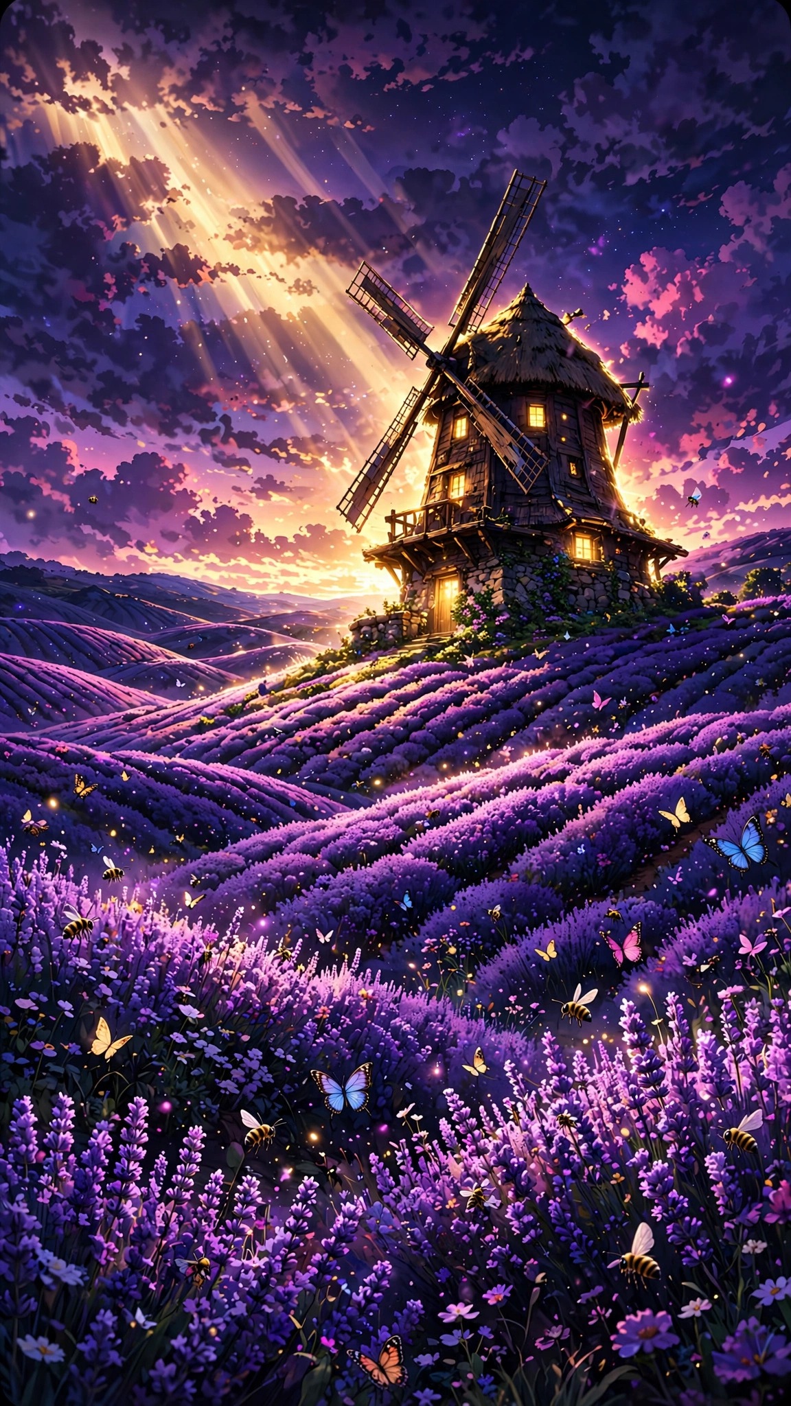 Glowing windmill above purple lavender fields at twilight with butterflies and golden sunbeams