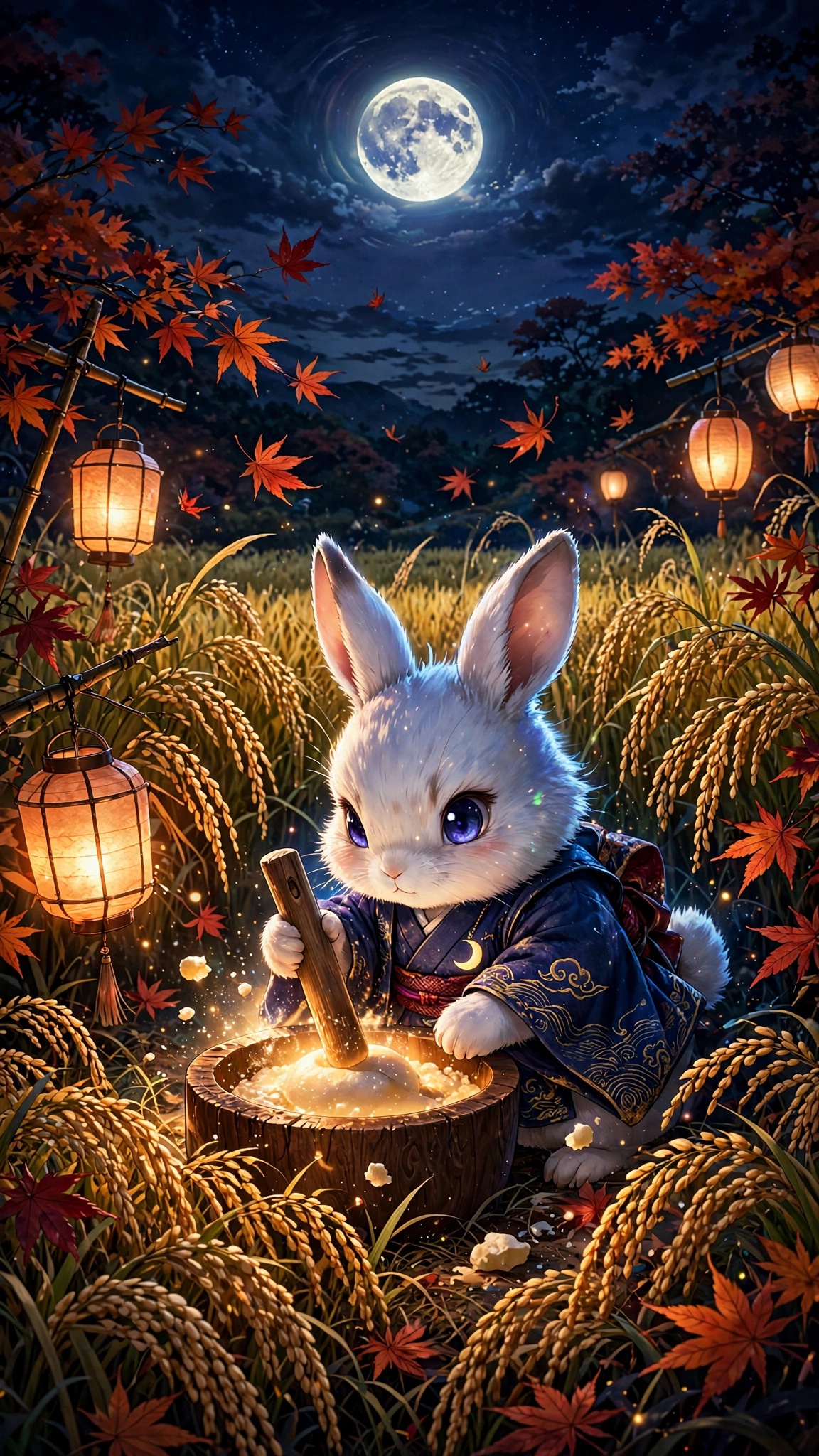 White moon rabbit pounding glowing mochi in a golden rice field under a full moon with maple leaves and lanterns