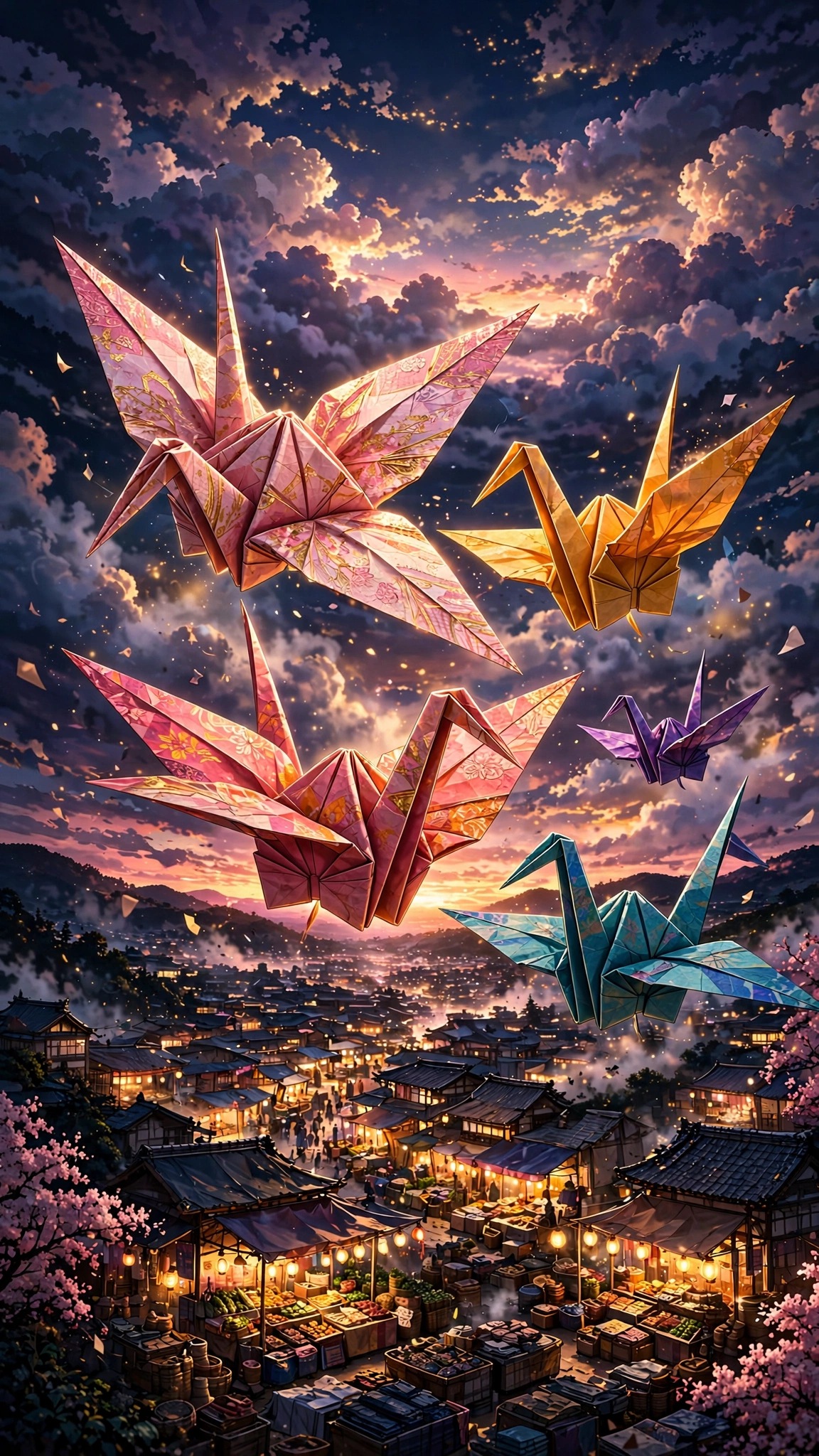 Giant colorful origami cranes soaring over a lantern-lit festival town at sunset with market stalls