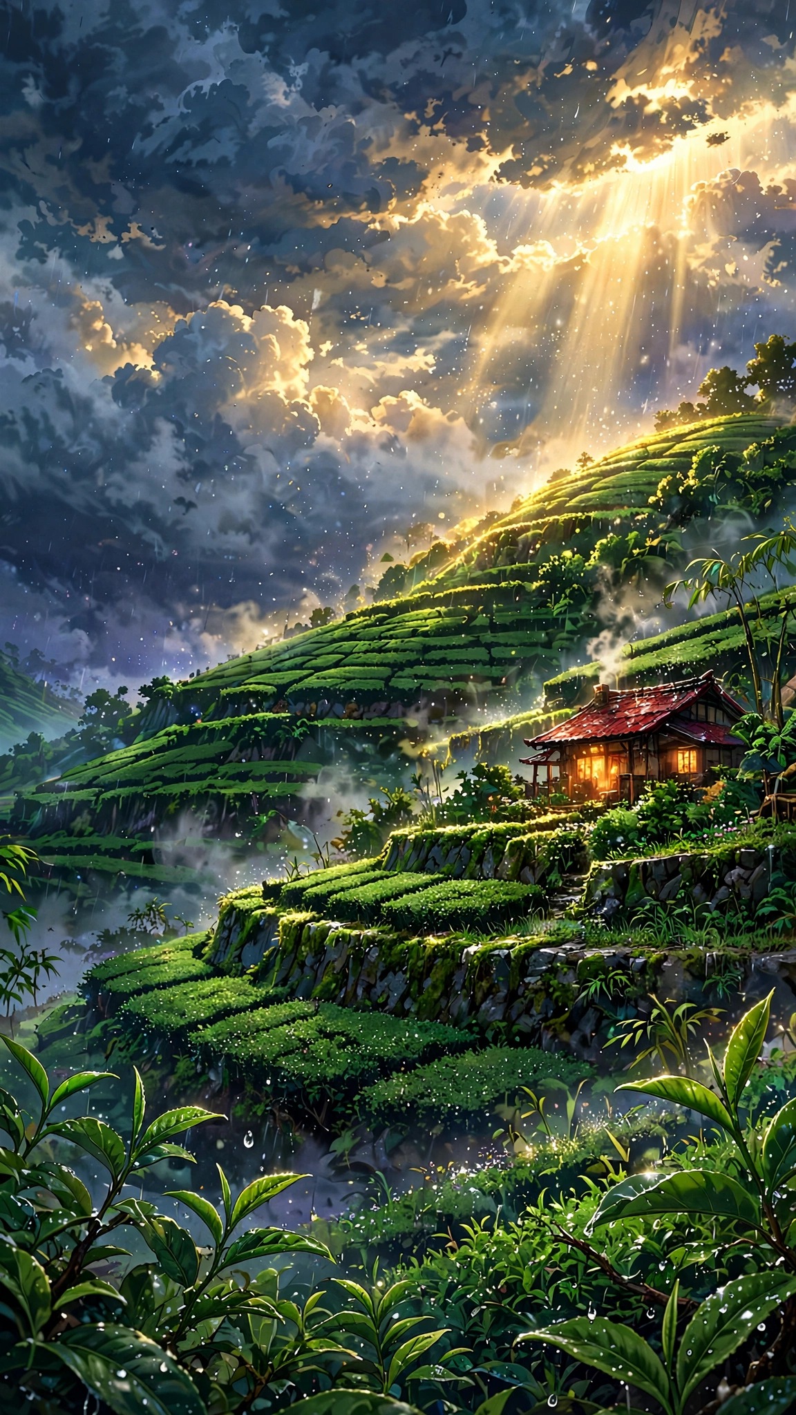 Green tea terraces on monsoon hills beside a glowing red-roofed cottage with mist and sunbeams