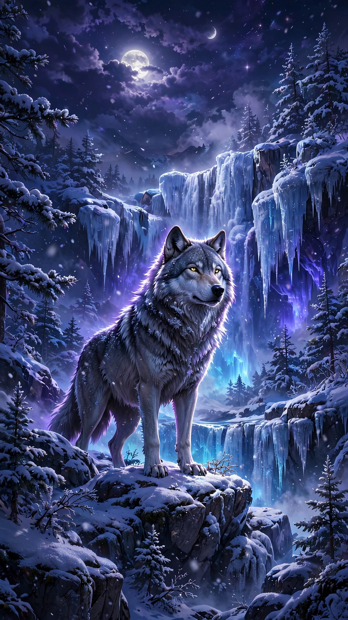 Grey wolf with golden eyes on snowy rocks before a frozen waterfall under a full moon at night