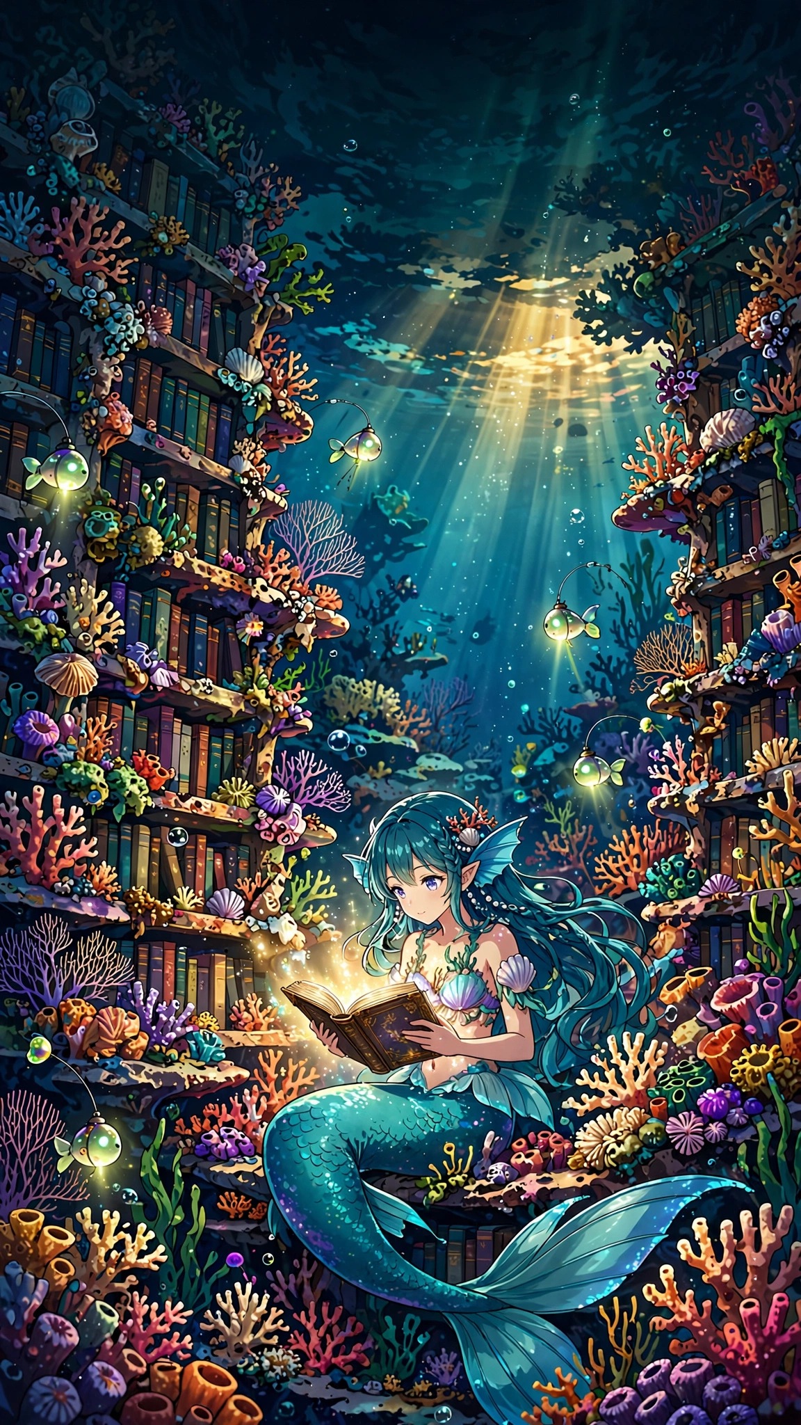 Underwater Library Mermaid Dawn wallpaper