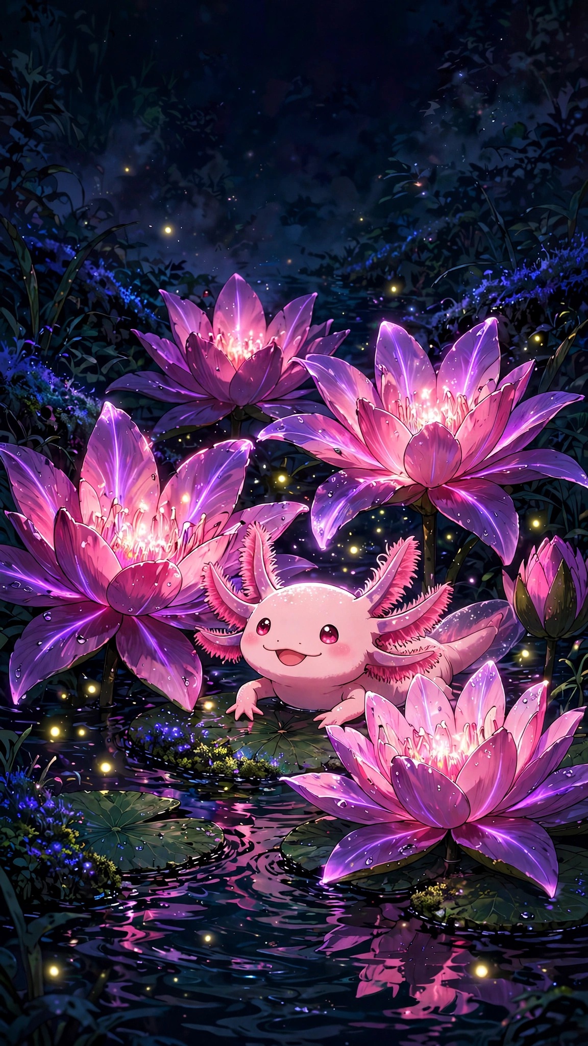 Axolotl Glow Lily Pond Night wallpaper