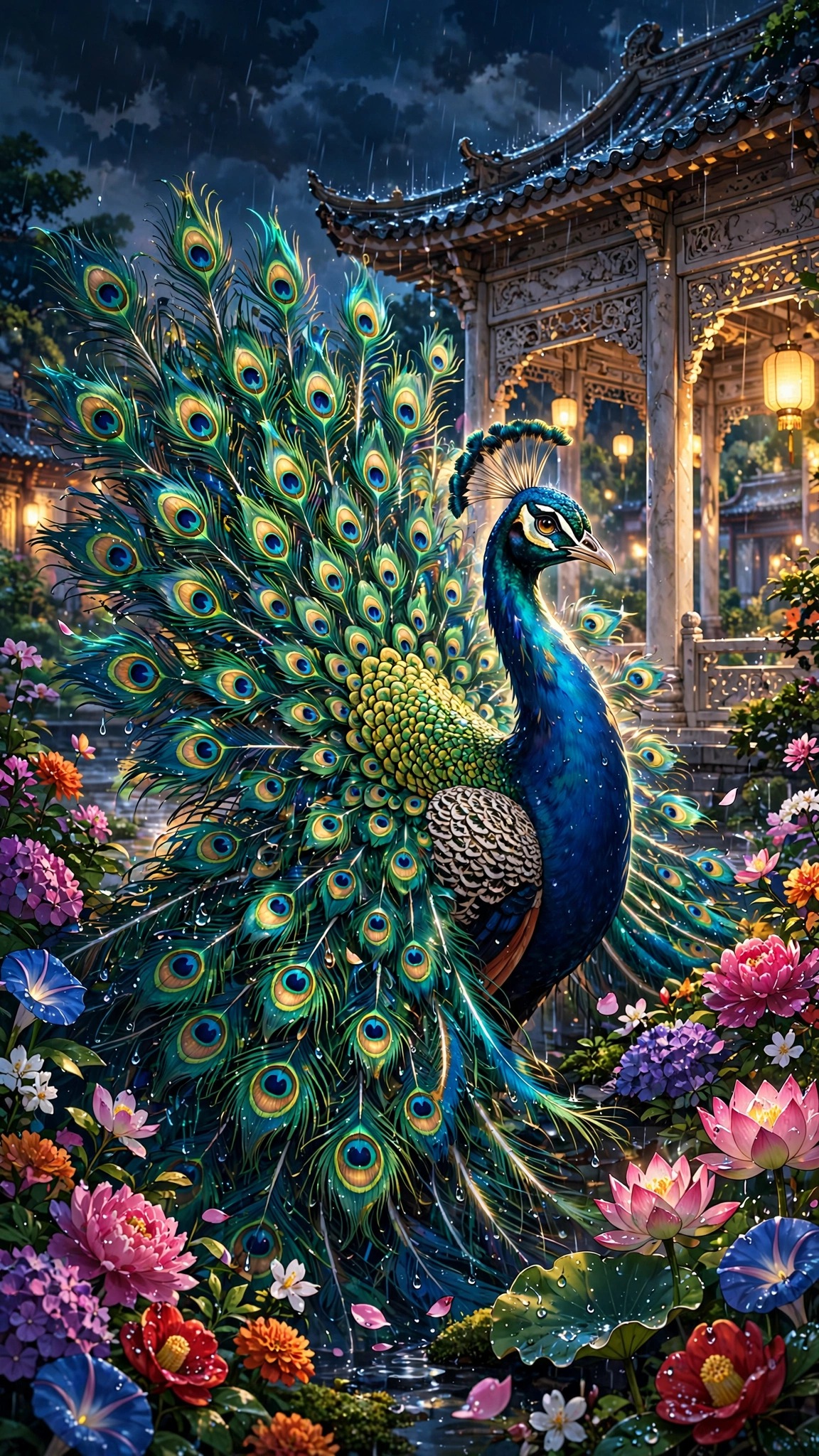 Peacock Palace Garden Rain wallpaper