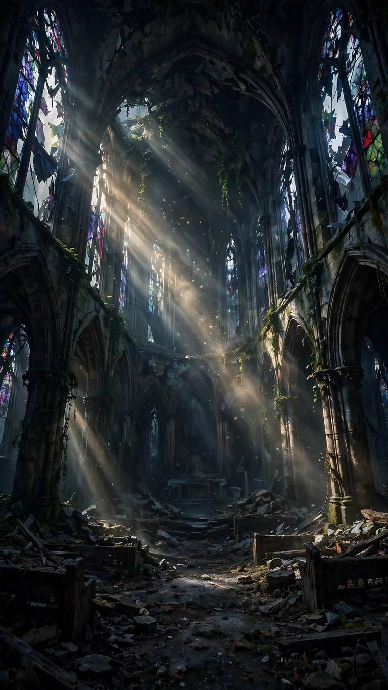 Abandoned cathedral interior with dust-filled beams of light falling through broken stained glass