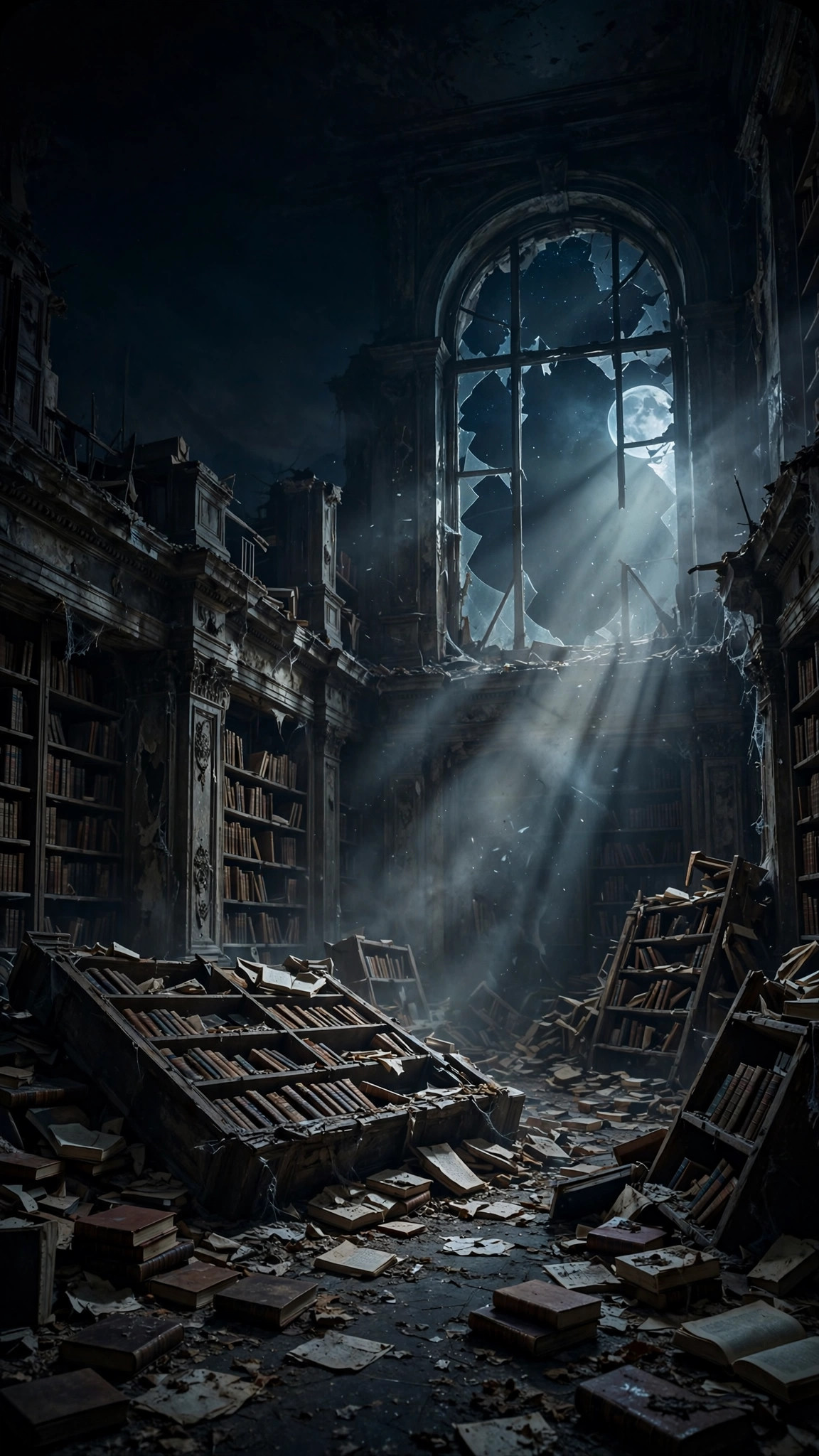 Abandoned grand library with toppled bookshelves and scattered old books