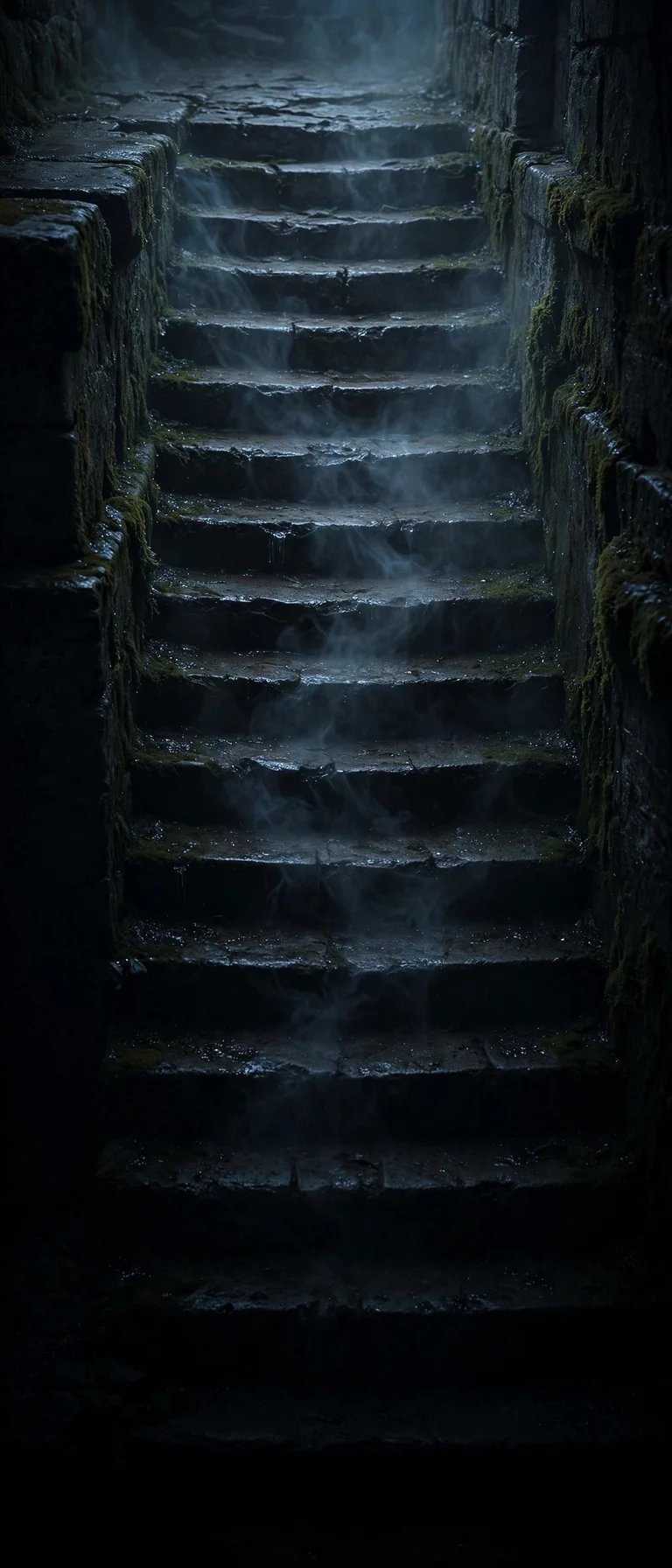 Ancient stone staircase descending into pure impenetrable darkness