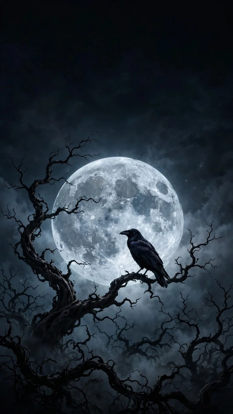 Black raven perched on a bare twisted branch silhouetted against a huge full moon