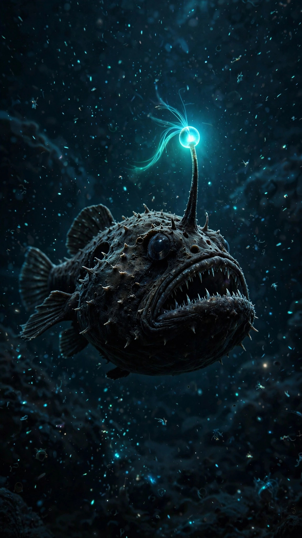 Deep-sea anglerfish with its glowing lure in pitch black water