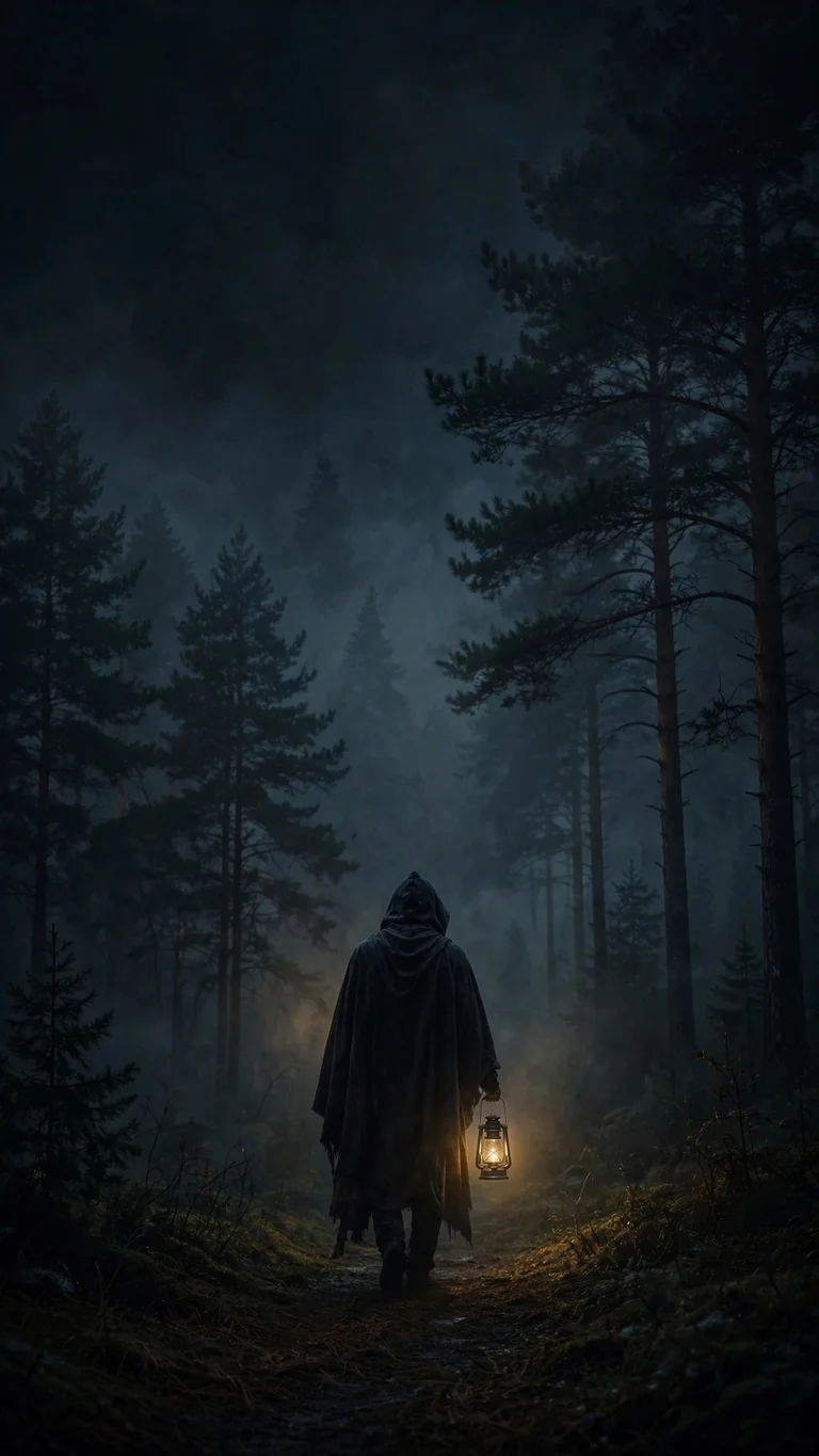 Hooded figure walking alone through a foggy pine forest at night