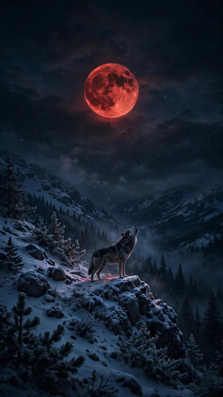 Lone wolf howling at a blood-red moon from a snowy mountain ridge
