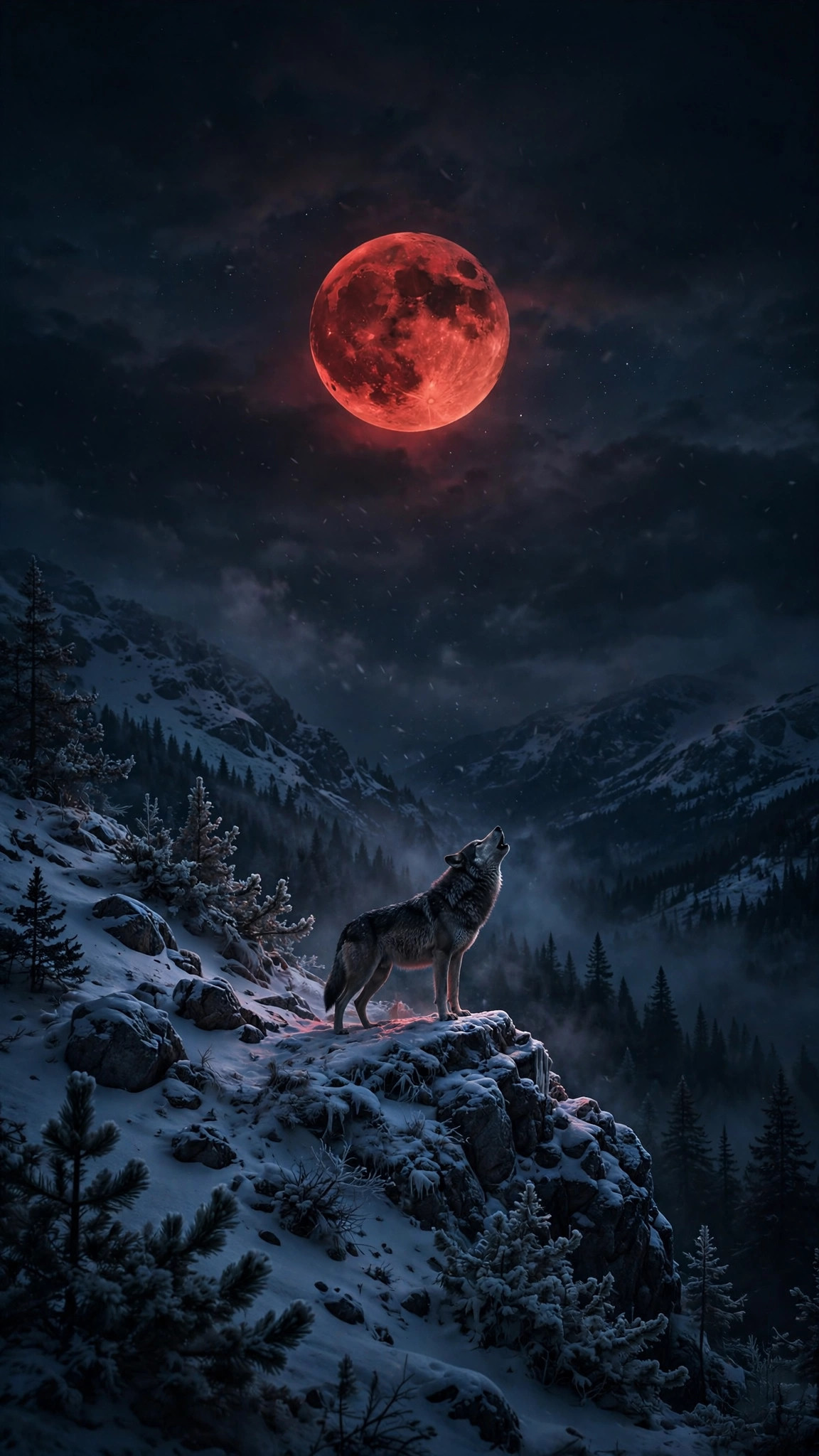 Lone wolf howling at a blood-red moon from a snowy mountain ridge