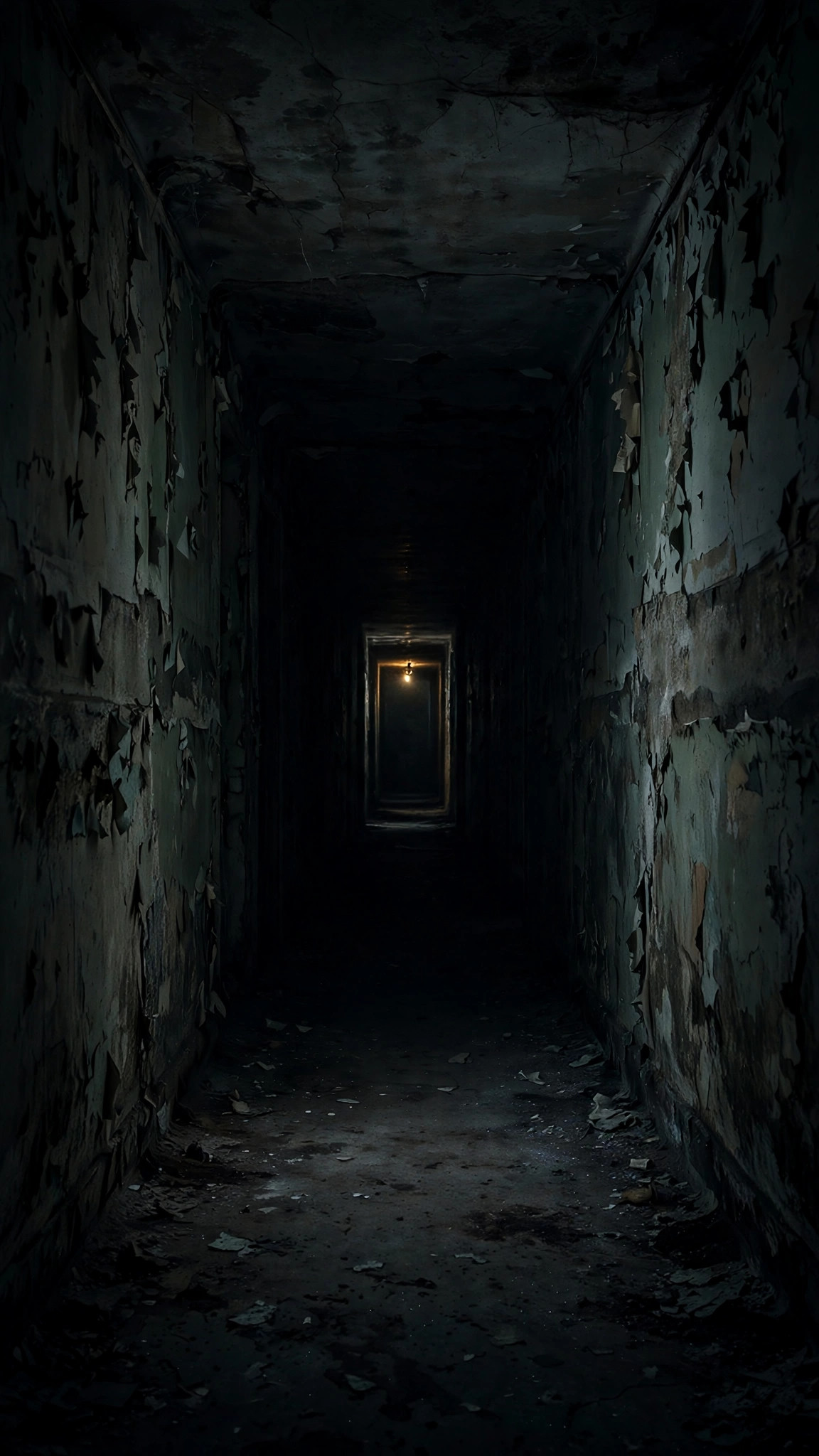 Long empty corridor with peeling walls and one flickering ceiling bulb at the far end