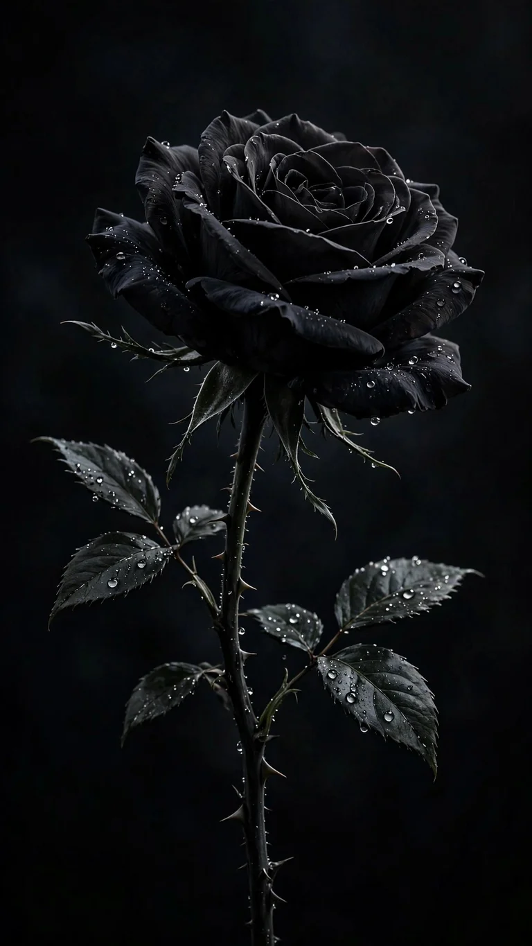 Single black rose with sharp thorns and glistening dew drops on near-black background