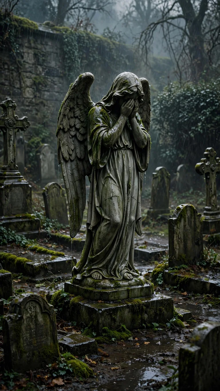 Weeping angel statue in a rainy gothic cemetery
