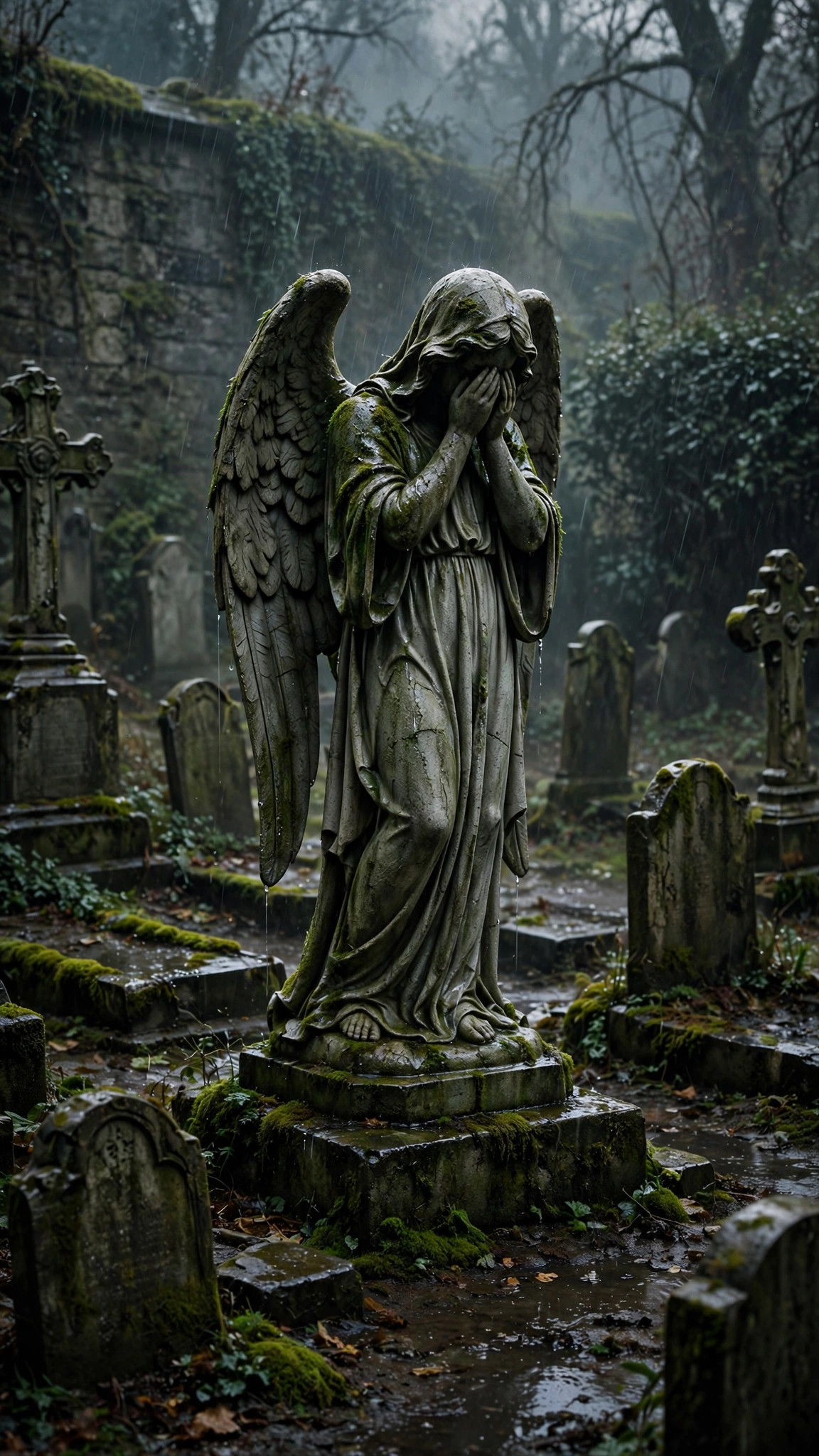 Weeping angel statue in a rainy gothic cemetery