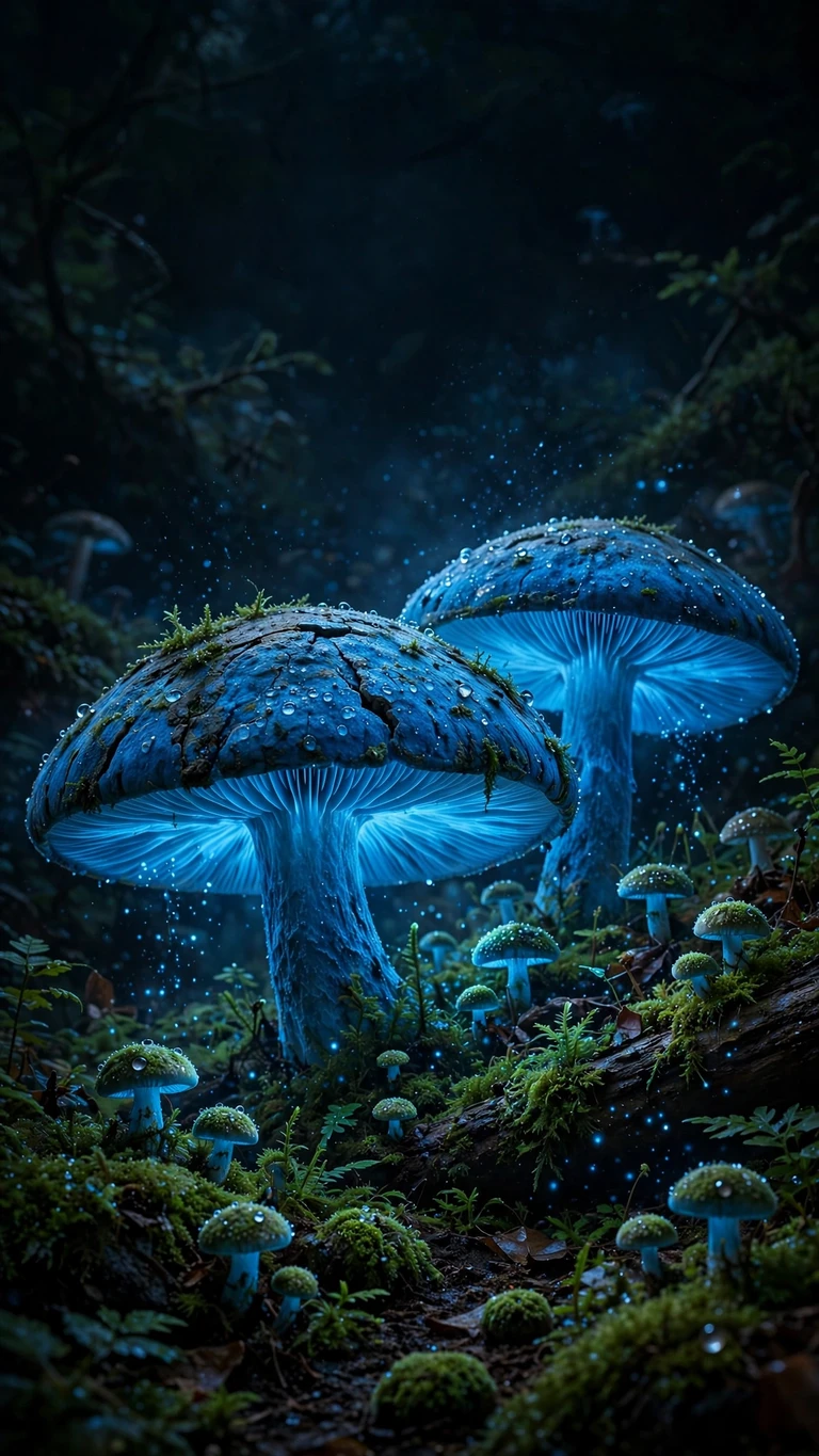 bioluminescent blue mushroom forest dark wallpaper