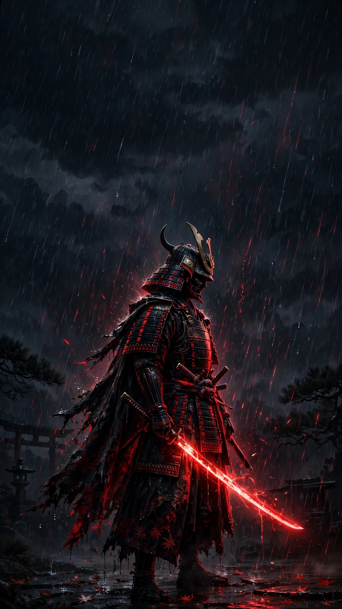 lone samurai in night rain dark wallpaper