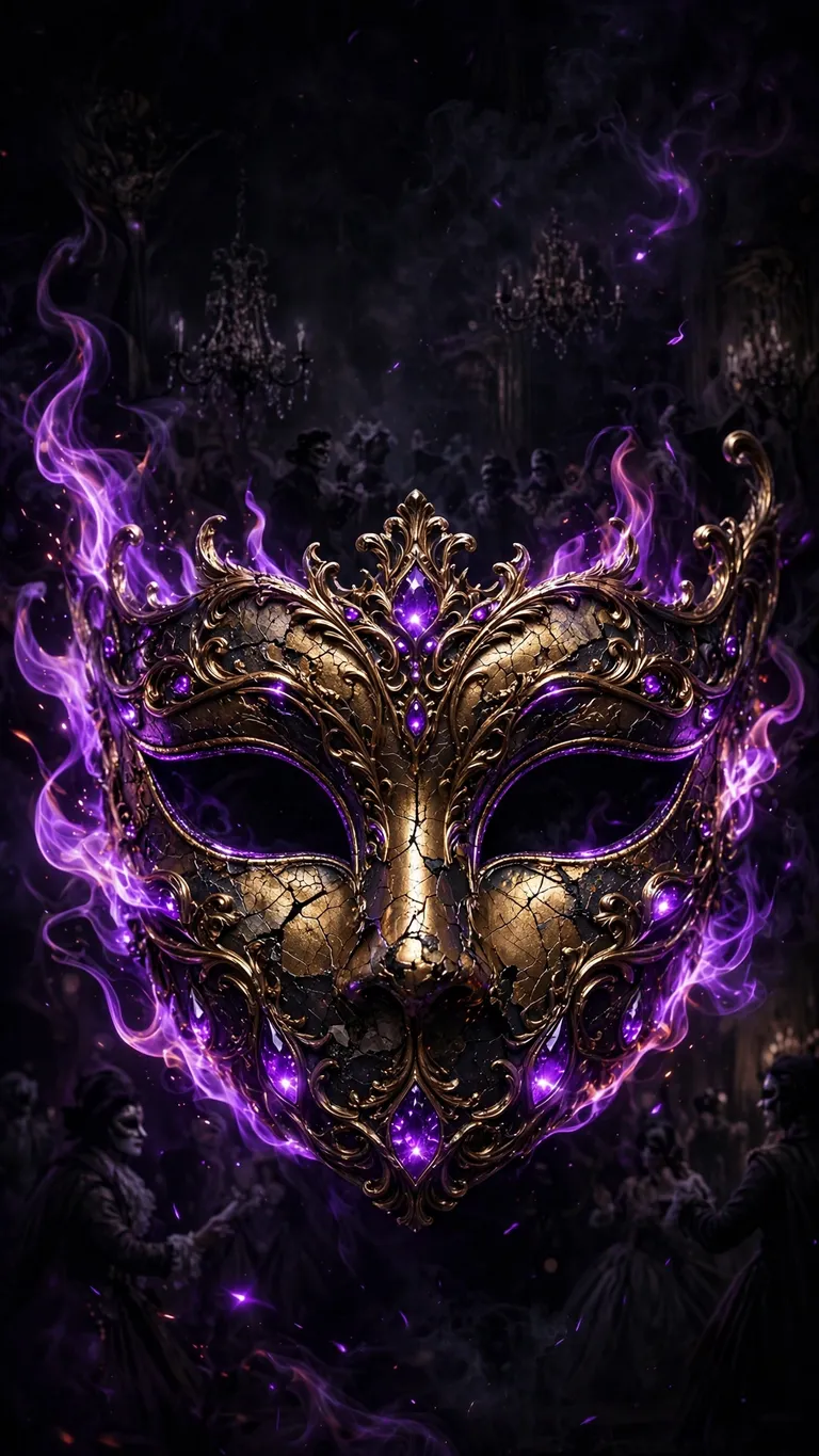 cursed golden masquerade mask with violet flames dark wallpaper