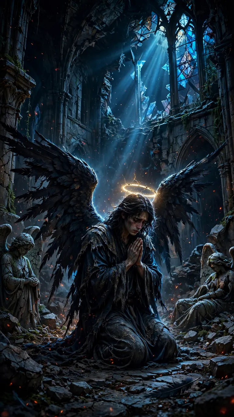 fallen angel kneeling in ruined cathedral dark wallpaper