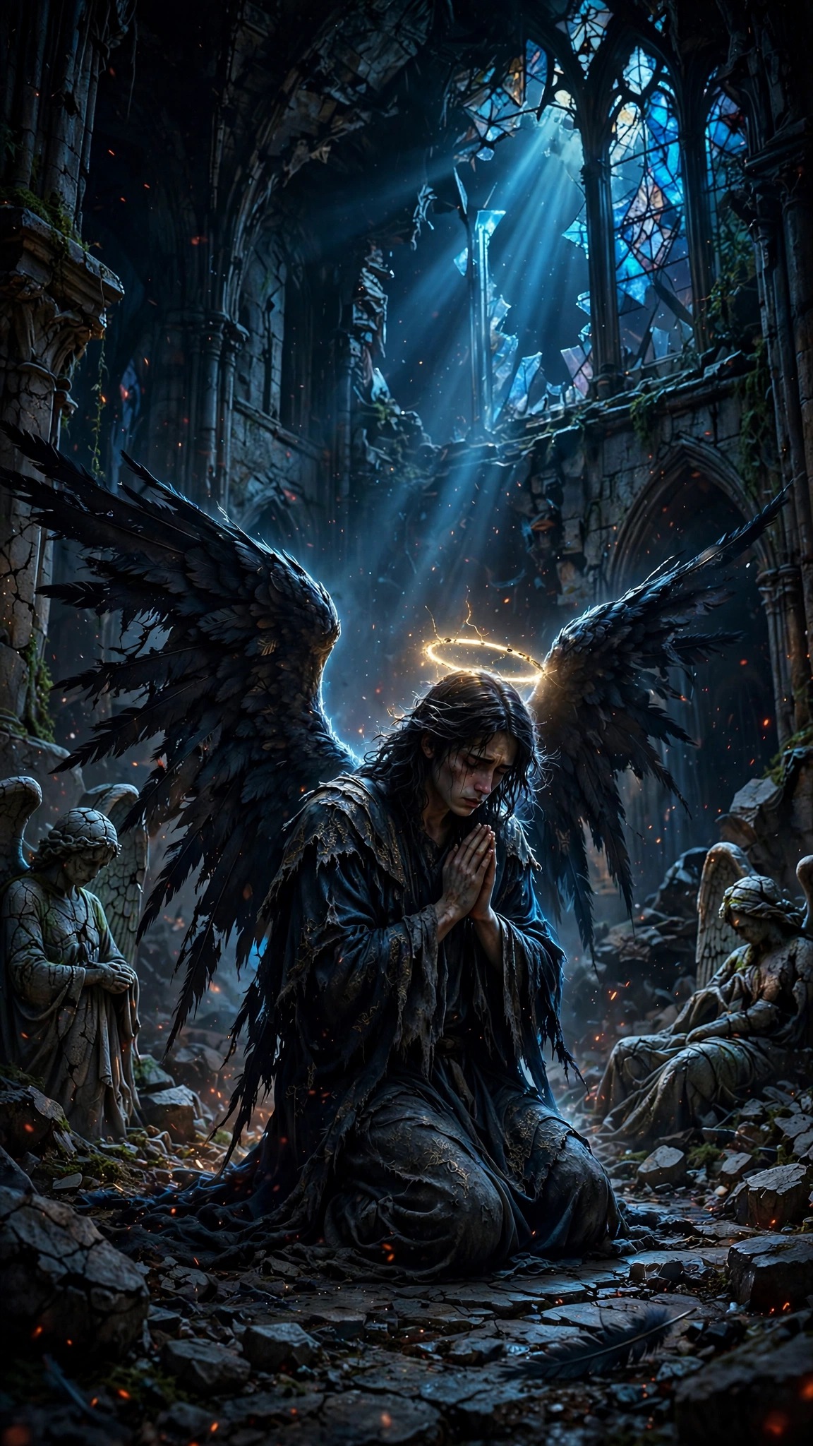 fallen angel kneeling in ruined cathedral dark wallpaper