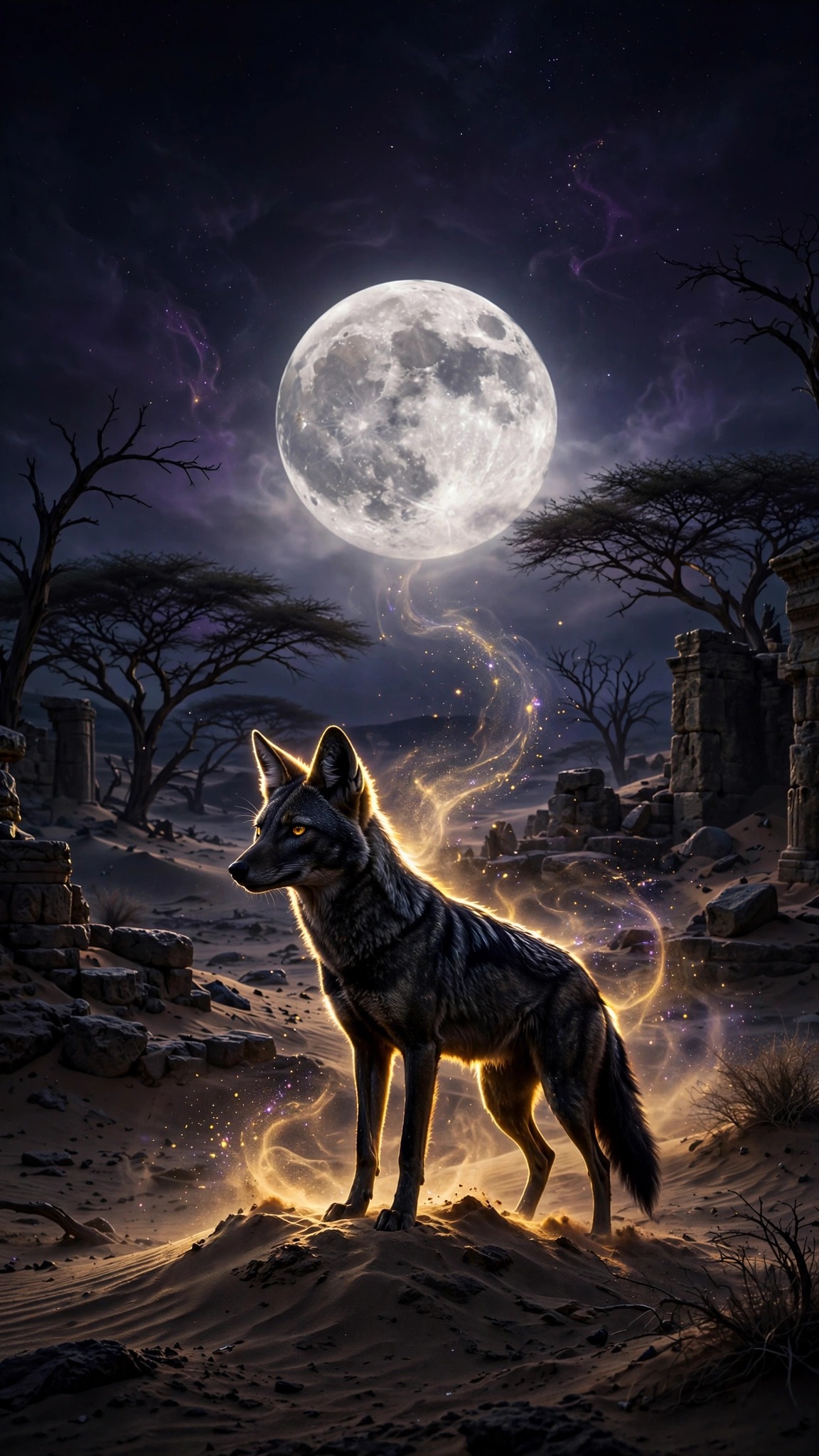 black jackal under full moon in desert night dark wallpaper