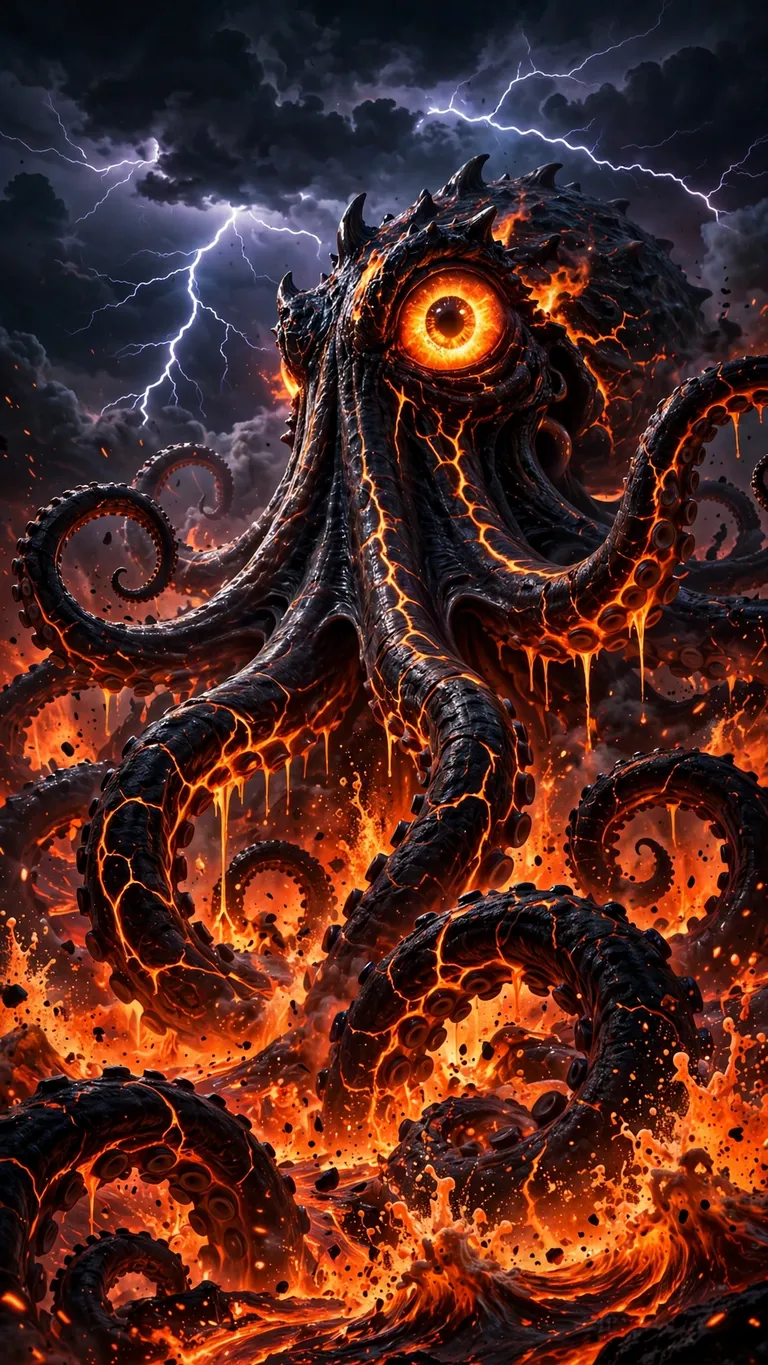 lava kraken rising from molten sea dark wallpaper