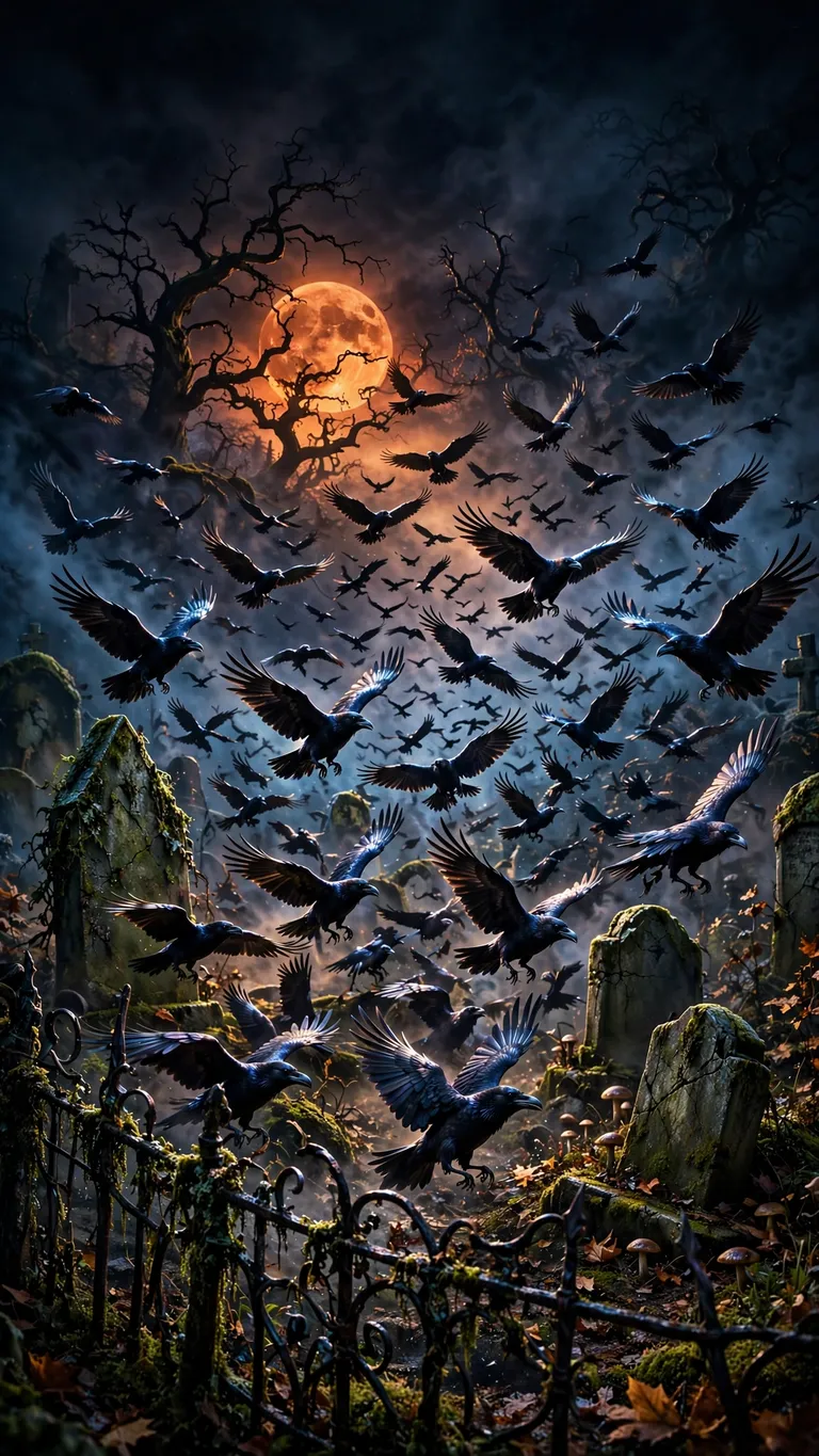 raven flock bursting from moonlit graveyard dark wallpaper