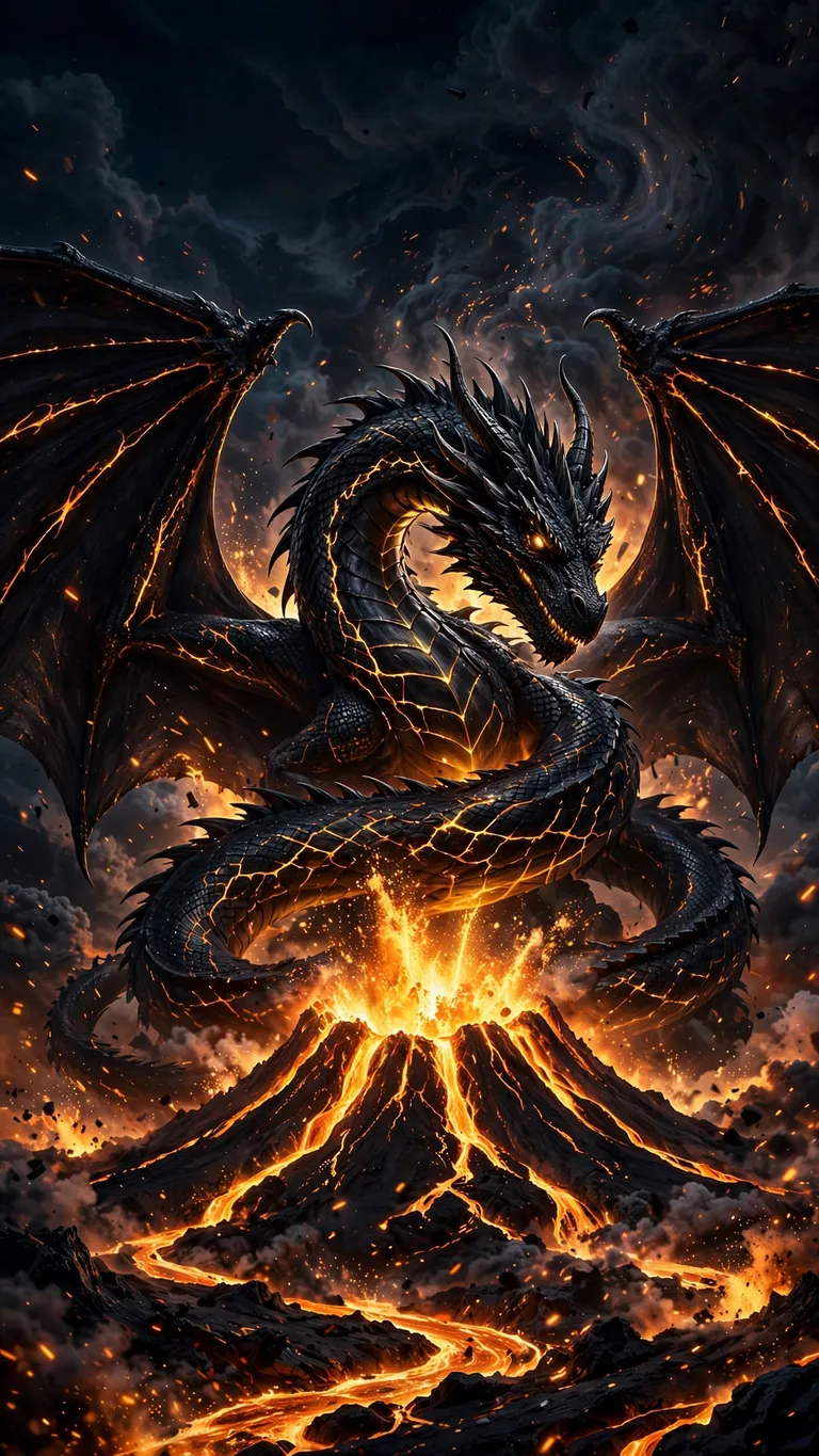 obsidian dragon coiling over erupting volcano dark wallpaper