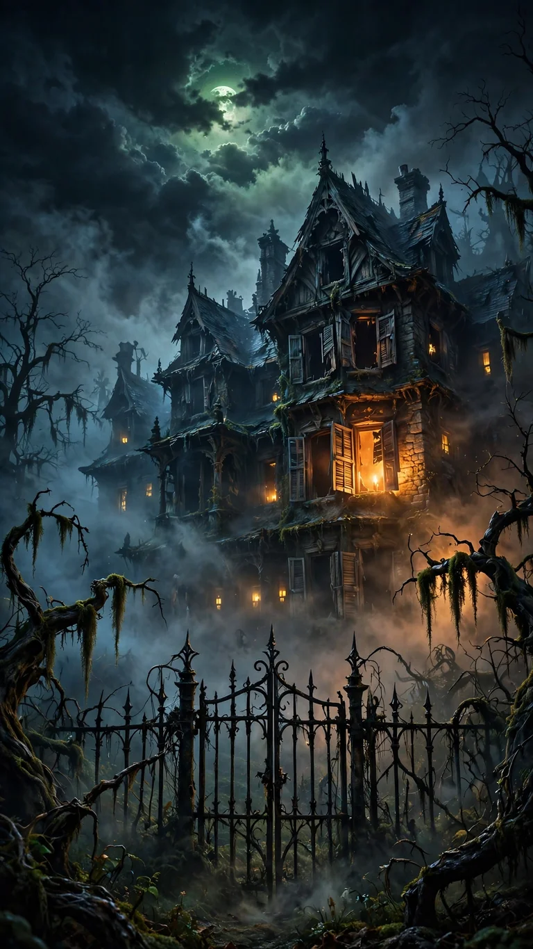 haunted victorian manor in fog wallpaper