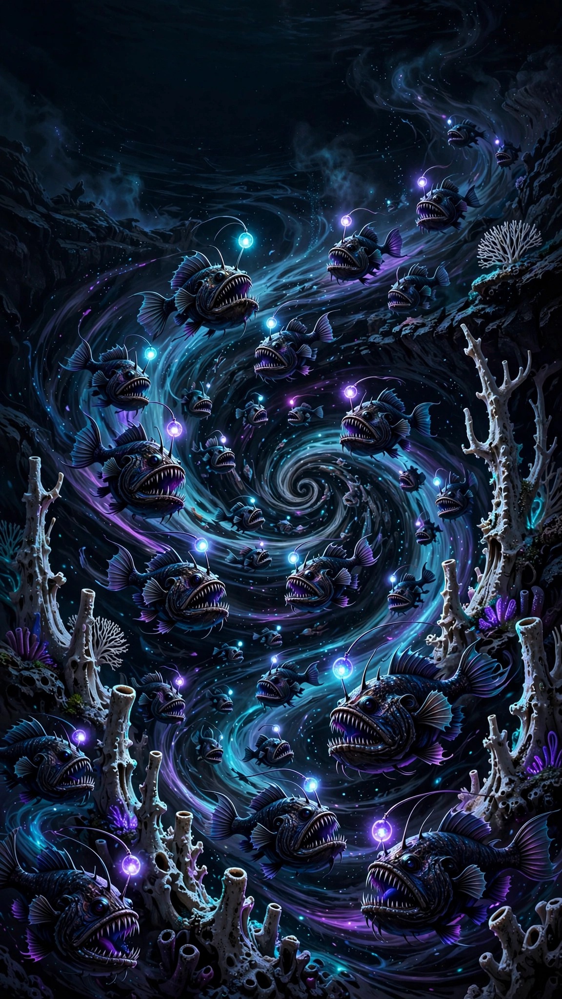 Swarm of glowing anglerfish spiraling through a dark ocean trench