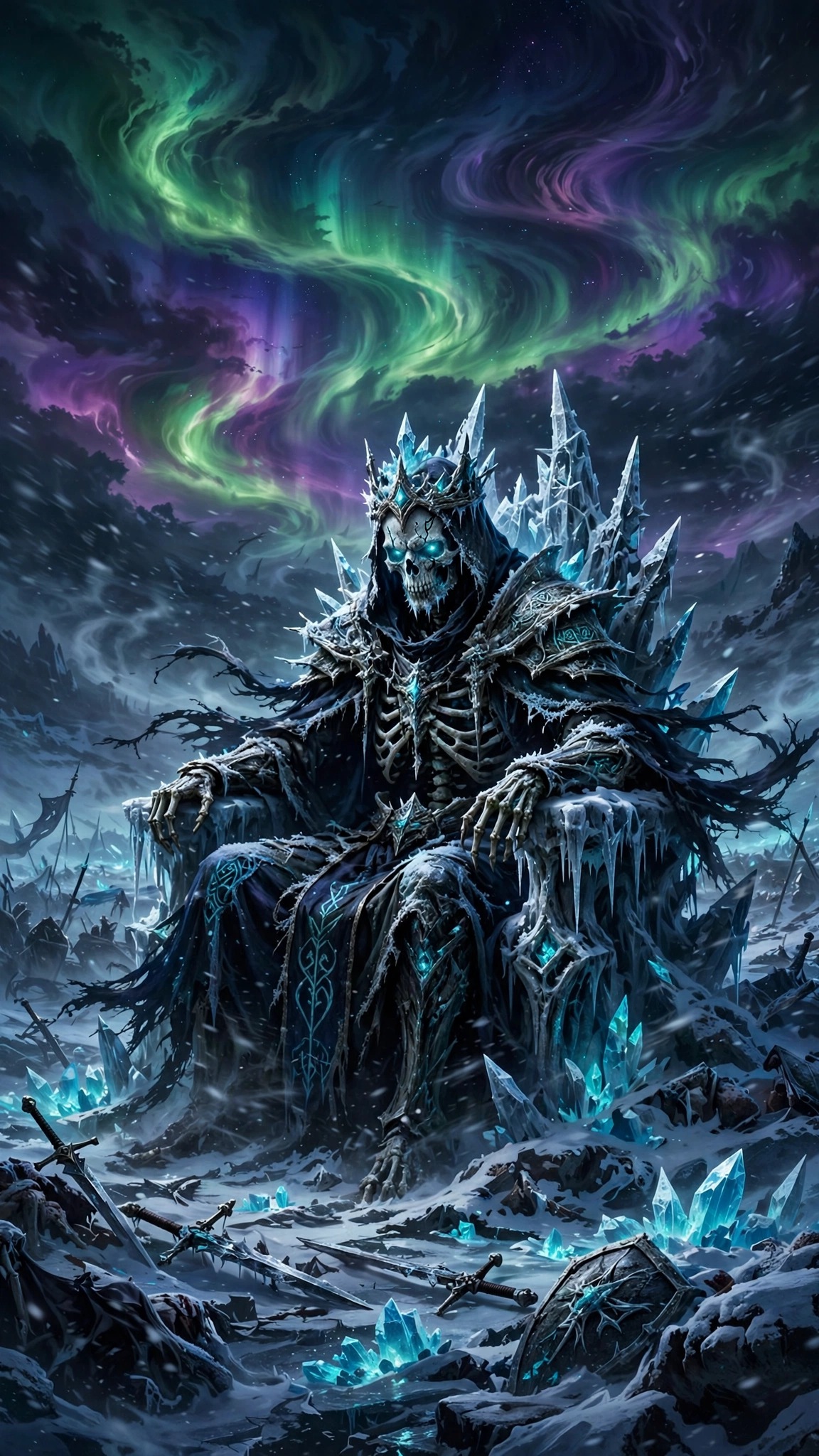 Skeletal frost lich on an ice throne under the aurora
