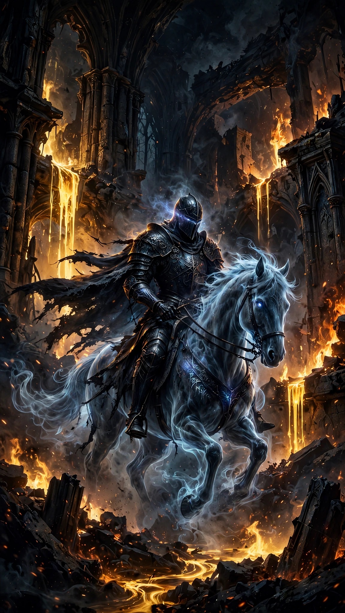 Wraith knight on a ghost horse riding through a burning cathedral