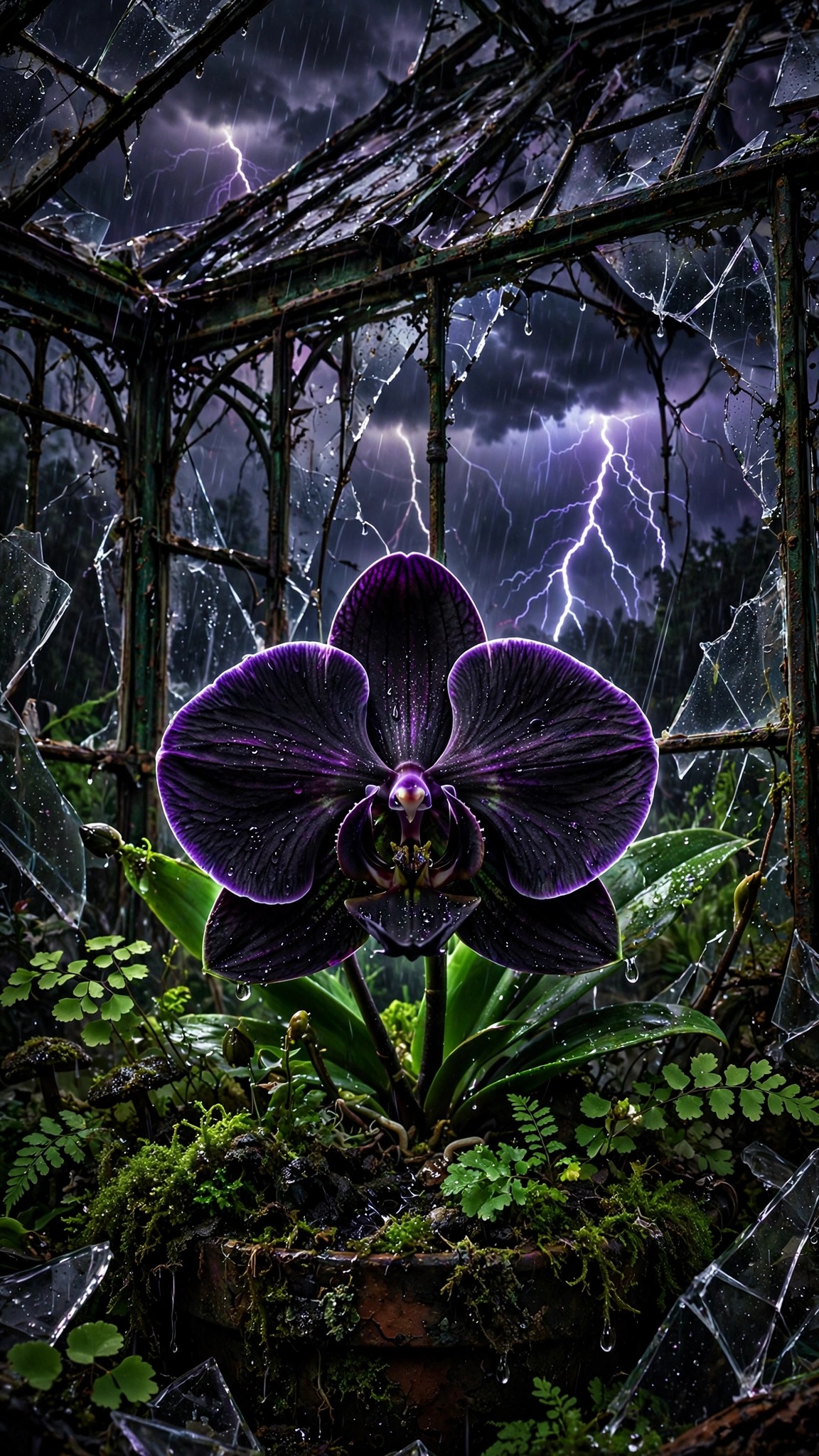 Black Orchid Thunderstorm Greenhouse scene, vertical dark wallpaper