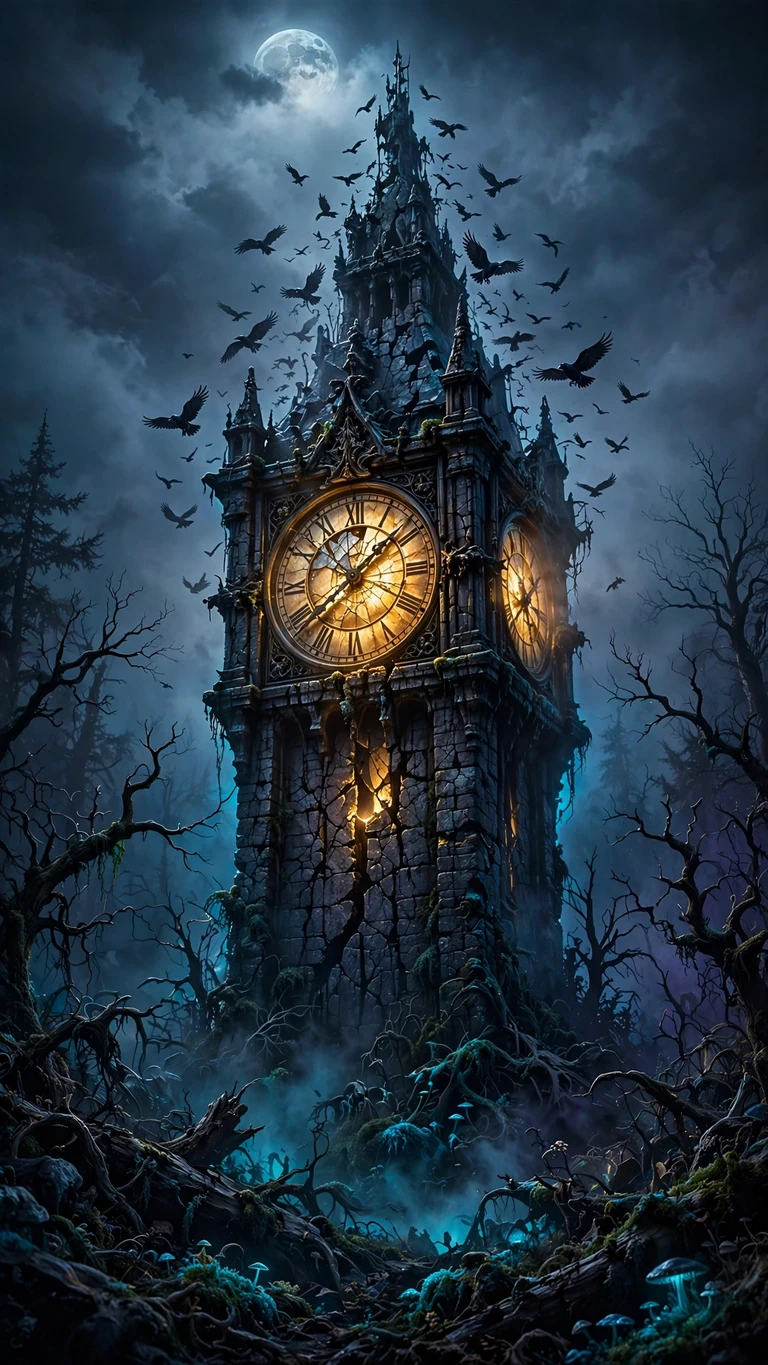 Cracked Clock Tower Fog Crows scene, vertical dark wallpaper