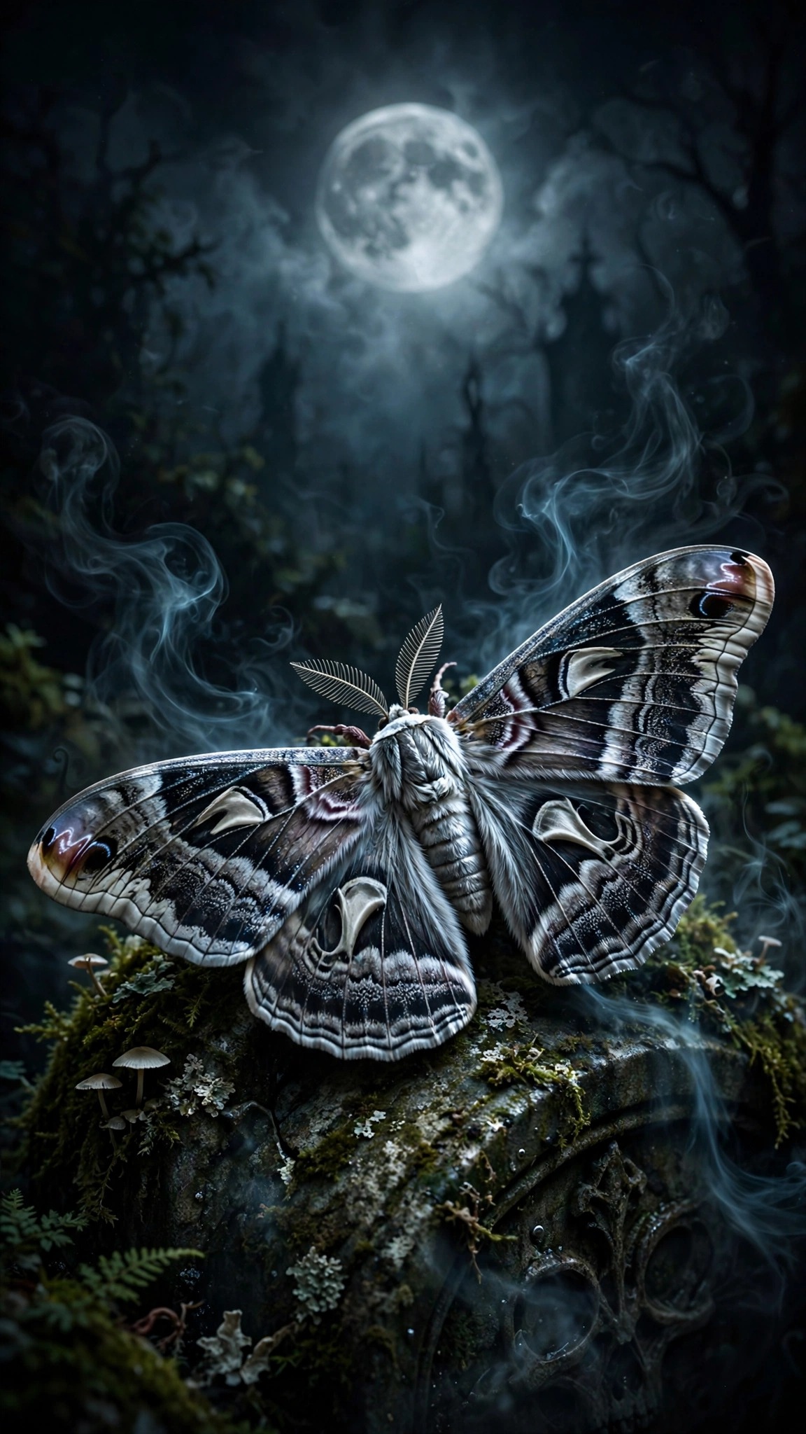 Death Moth Moonlit Gravestone scene, vertical dark wallpaper