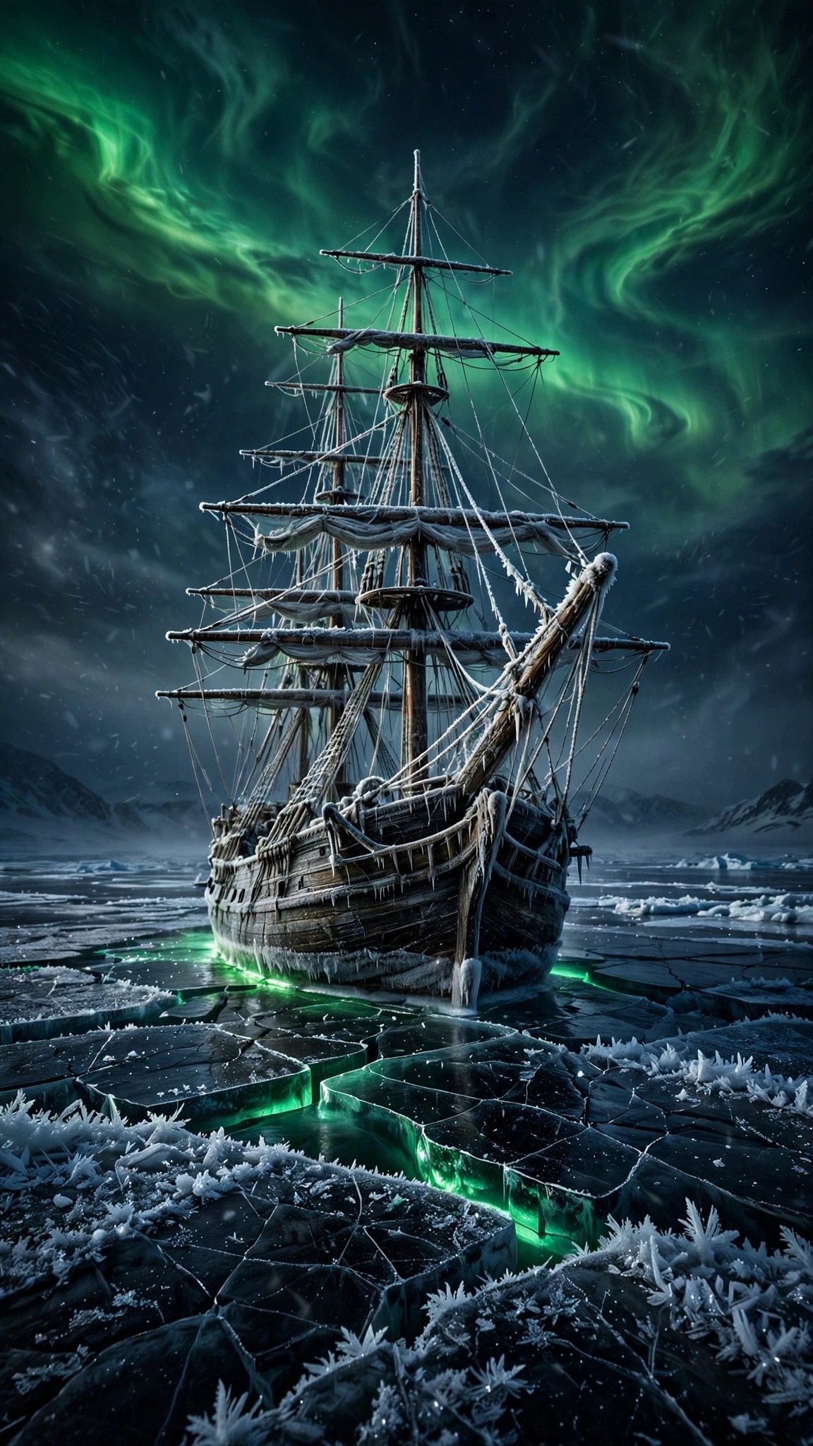 Frozen Ship Black Ice Aurora scene, vertical dark wallpaper