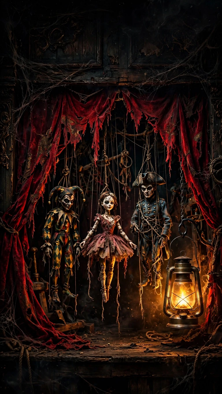 Haunted Marionette Theatre Curtain scene, vertical dark wallpaper